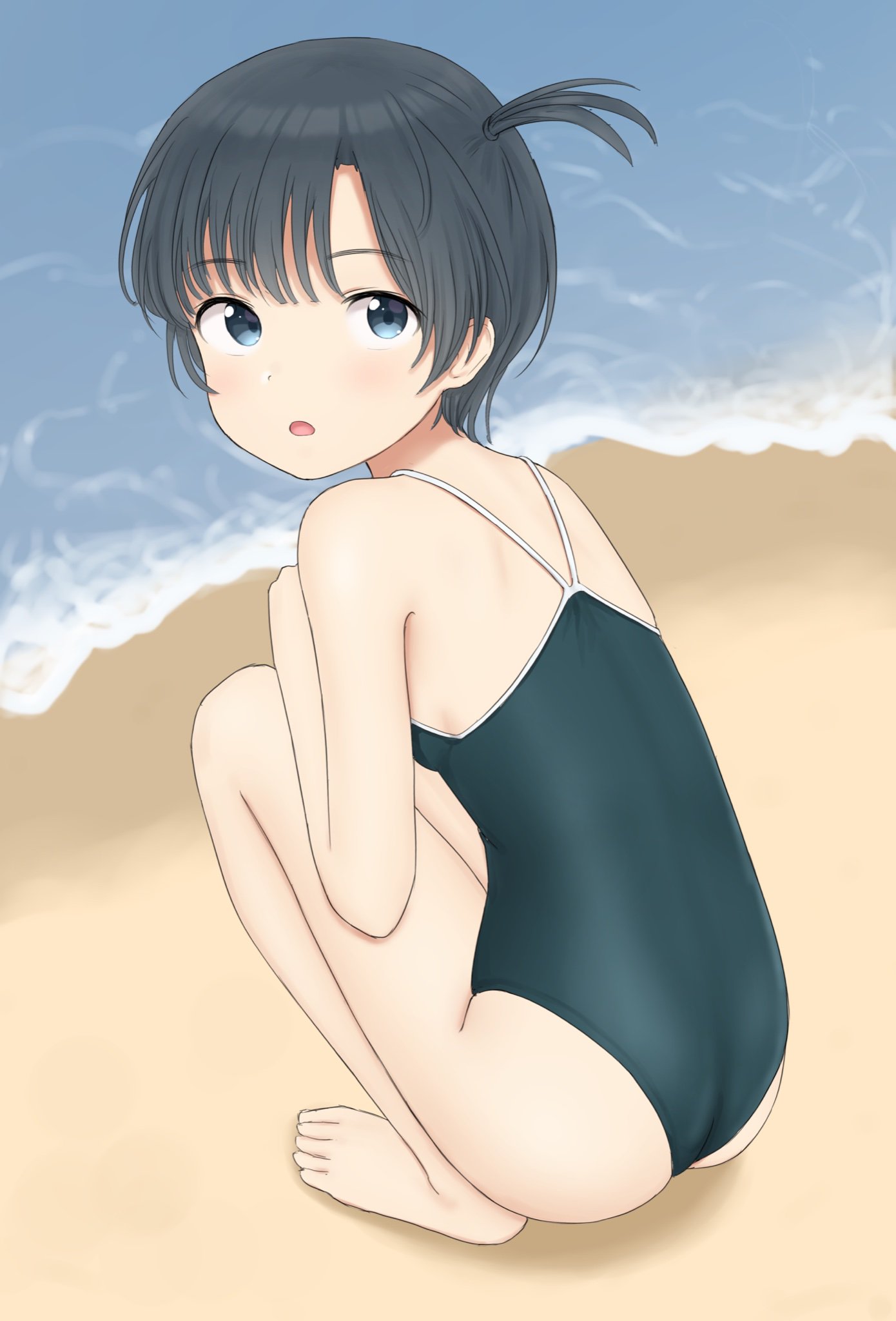 1girl ass barefoot beach black_hair black_swimsuit blue_eyes competition_school_swimsuit from_behind highres looking_at_viewer looking_back nyarukac open_mouth original outdoors school_swimsuit short_hair solo swimsuit