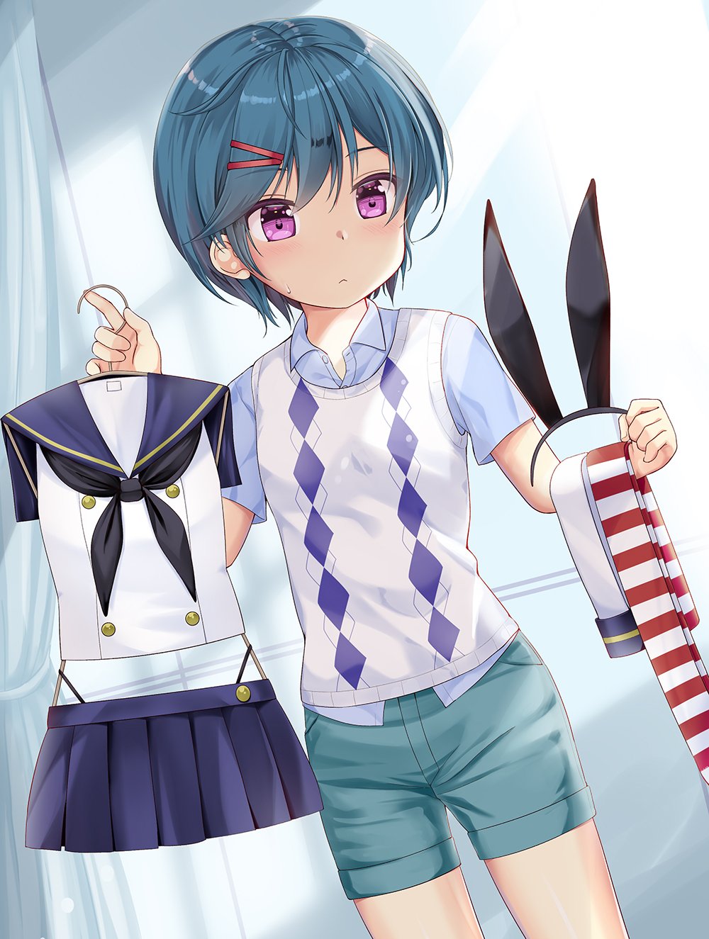 1girl :&lt; animal_ears bangs black_hairband black_neckwear black_panties blue_hair blue_sailor_collar blue_shirt blue_skirt blush closed_mouth clothes_hanger collared_shirt commentary_request curtains detached_sleeves dress_shirt eyebrows_visible_through_hair fake_animal_ears green_shorts hair_between_eyes hair_ornament hairband hairclip highleg highleg_panties highres holding kantai_collection minami_(niiya) miniskirt neckerchief niiya original panties pleated_skirt rabbit_ears sailor_collar shirt short_shorts short_sleeves shorts skirt sleeveless sleeveless_shirt solo standing striped striped_legwear sweat sweater_vest thigh-highs underwear violet_eyes white_shirt white_sleeves window