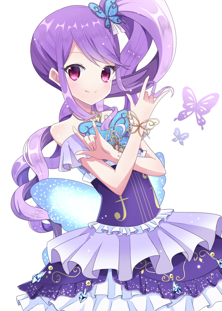 1girl \m/ bangs bare_shoulders blush bug butterfly butterfly_hair_ornament butterfly_wings closed_mouth commentary_request double_\m/ dress eyebrows_visible_through_hair hair_ornament hands_up high_ponytail idol_time_pripara insect long_hair manaka_non pleated_dress pretty_(series) pripara purple_dress purple_hair red_eyes side_ponytail sidelocks simple_background smile solo suzume_anko very_long_hair white_background wings