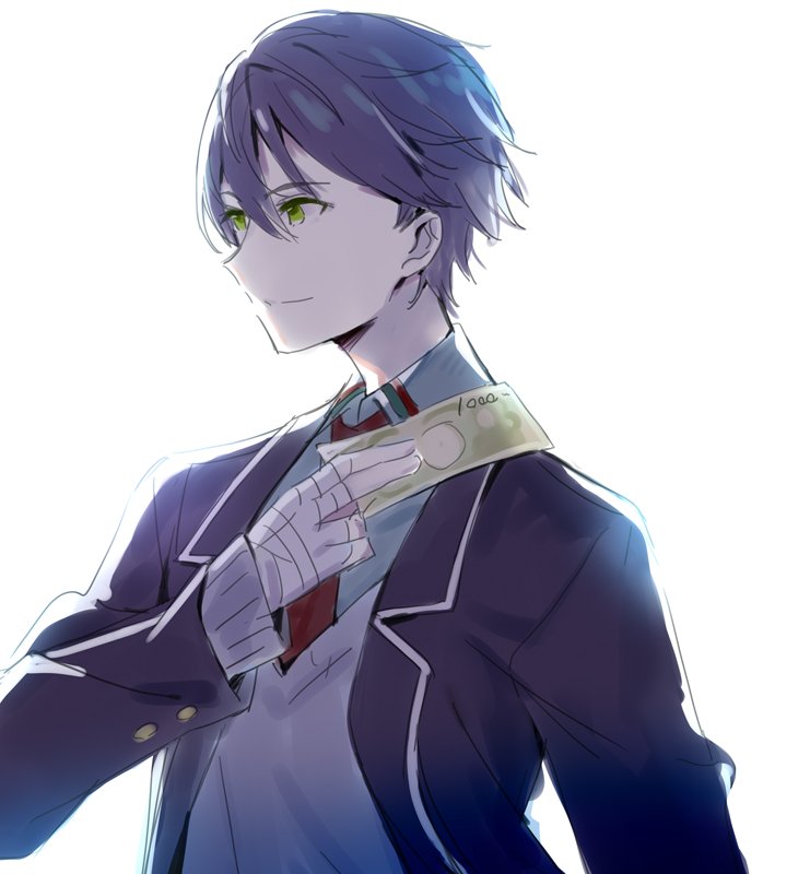 1boy bandaged_hands bandages bangs black_jacket blue_shirt closed_mouth collared_shirt eyebrows_visible_through_hair green_eyes grey_sweater hair_between_eyes holding holding_money jacket kenmochi_touya light_smile long_sleeves looking_away male_focus meito_(maze) money necktie nijisanji open_clothes open_jacket purple_hair red_neckwear shirt simple_background sleeves_past_wrists solo sweater upper_body virtual_youtuber white_background