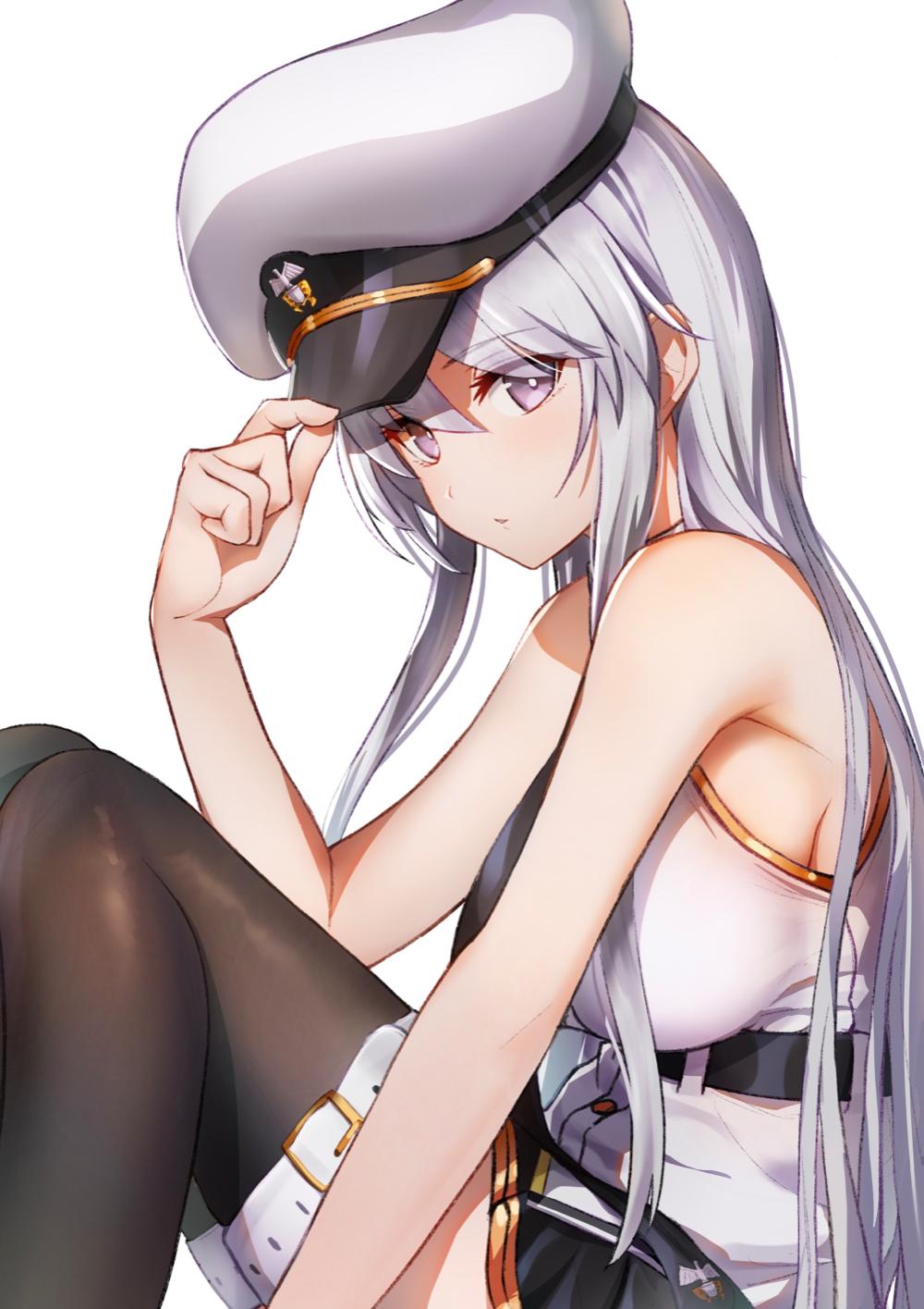 1girl azur_lane bare_arms bare_shoulders belt black_neckwear black_skirt breasts brown_legwear closed_mouth commentary_request enterprise_(azur_lane) hand_on_headwear hand_up hat highres knees_up long_hair looking_at_viewer medium_breasts military military_hat military_uniform miniskirt necktie peaked_cap pleated_skirt shirt sidelocks silver_hair simple_background sitting skirt sleeveless sleeveless_shirt solo thigh-highs uniform violet_eyes west_24 white_background white_headwear white_shirt