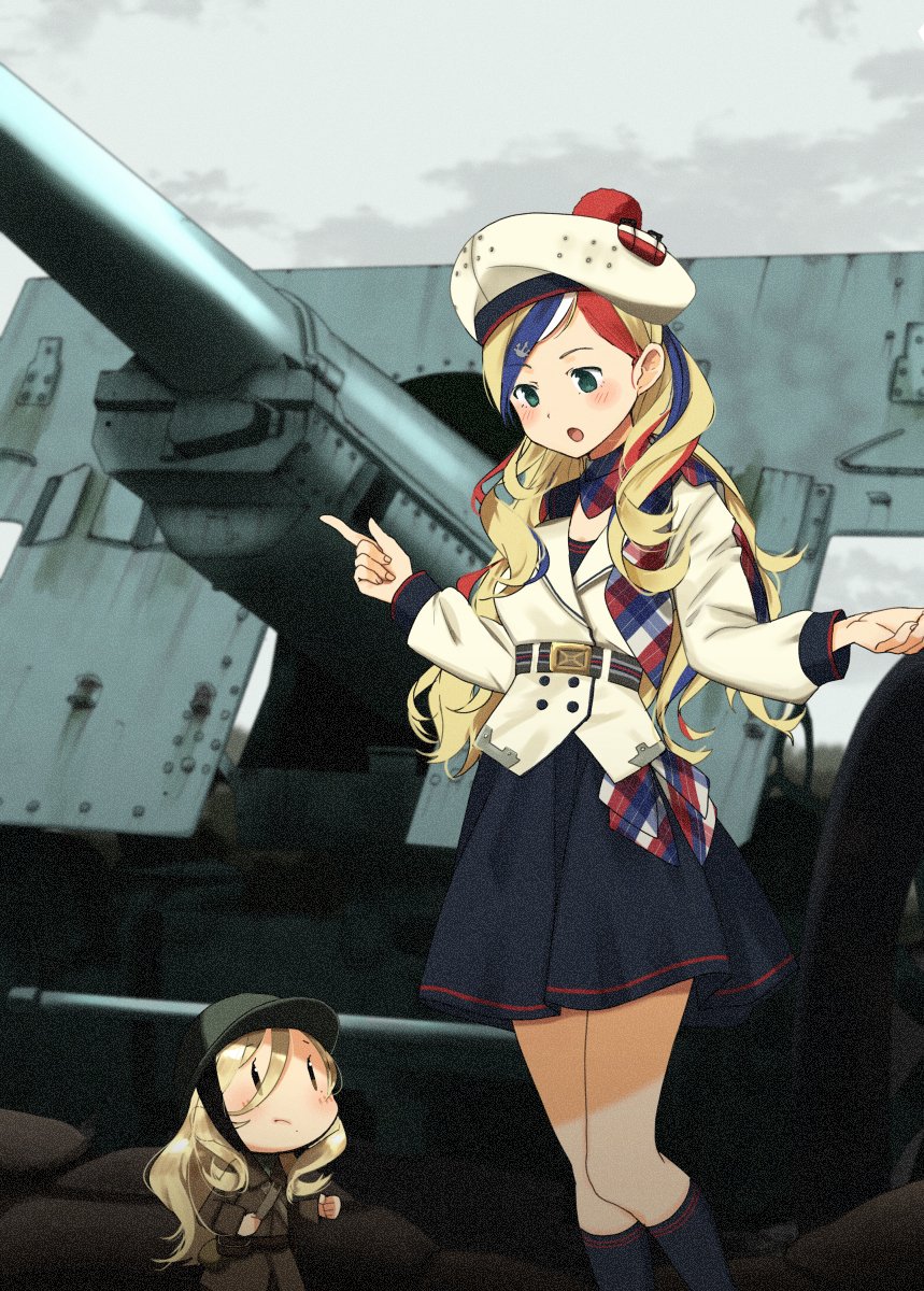 2girls annin_musou bangs belt beret black_dress black_legwear blonde_hair blue_eyes blue_hair commandant_teste_(kantai_collection) commentary_request double-breasted dress fairy_(kantai_collection) ground_vehicle hat highres kantai_collection kneehighs long_hair long_sleeves military military_vehicle motor_vehicle multicolored multicolored_clothes multicolored_hair multicolored_scarf multiple_girls open_mouth plaid plaid_scarf pom_pom_(clothes) ponytail redhead scarf streaked_hair swept_bangs tank vehicle_request wavy_hair white_hair