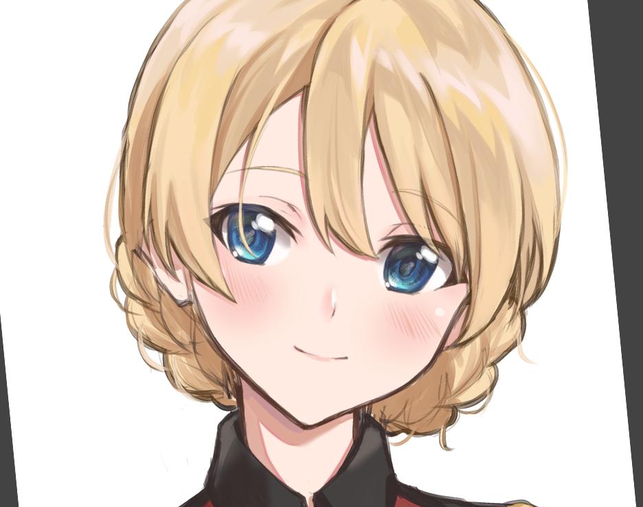 1girl bangs blonde_hair blue_eyes blush braid closed_mouth commentary_request darjeeling epaulettes eyebrows_visible_through_hair face girls_und_panzer head_tilt jacket looking_at_viewer mamu_t7s military military_uniform portrait red_jacket short_hair simple_background smile solo st._gloriana's_military_uniform tied_hair twin_braids uniform white_background