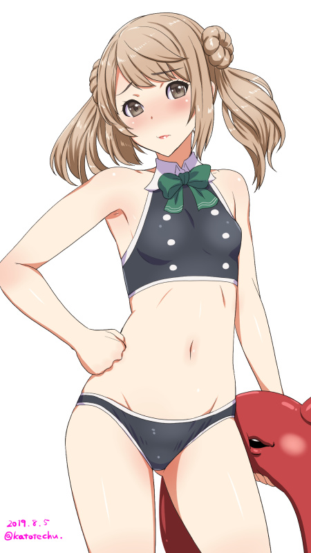 1girl bikini black_bikini blush breasts brown_eyes brown_hair clenched_hand groin hand_on_hip innertube kantai_collection katou_techu looking_at_viewer michishio_(kantai_collection) navel simple_background solo swimsuit twintails white_background