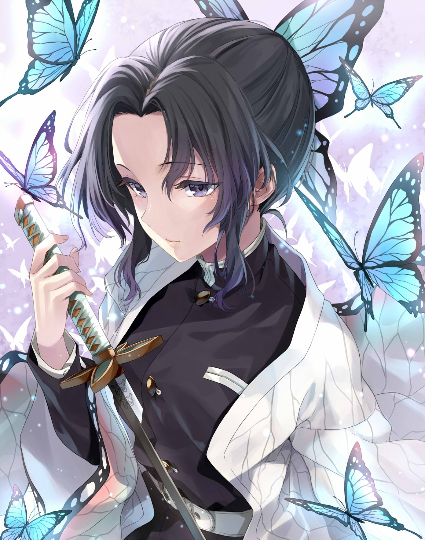 1girl animal_print bangs belt black_hair blue_butterfly bug butterfly butterfly_hair_ornament butterfly_print closed_mouth commentary_request hair_ornament haori highres holding holding_sword holding_weapon insect japanese_clothes kakao_rantan kimetsu_no_yaiba kochou_shinobu parted_bangs sword uniform violet_eyes weapon white_belt