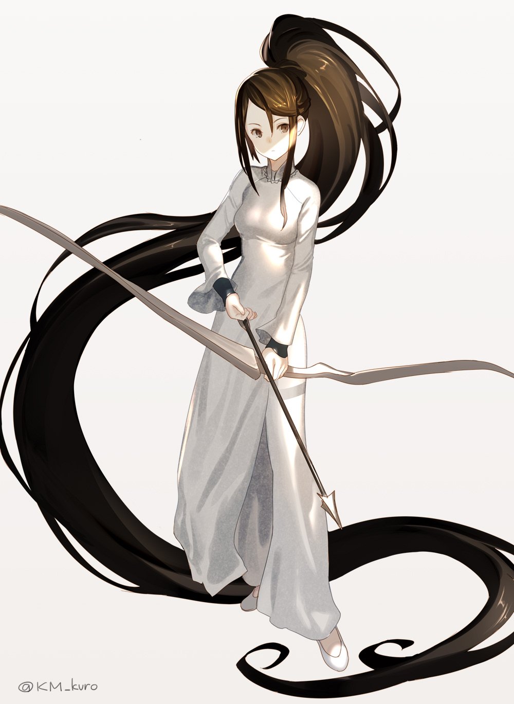 1girl absurdly_long_hair arrow bow_(weapon) brown_eyes brown_hair commentary_request full_body grey_background highres keemu_(occhoko-cho) long_hair original ponytail signature simple_background solo very_long_hair vietnamese_dress weapon