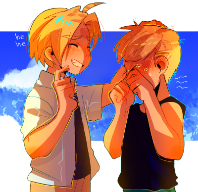 &gt;_&lt; 2boys :d ^_^ ahoge alphonse_elric blonde_hair blue_sky blush brothers clenched_hands clenched_teeth closed_eyes clouds cloudy_sky crying dappled_sunlight day dress_shirt ear_blush edward_elric eyebrows_visible_through_hair finger_to_cheek fingernails fullmetal_alchemist furrowed_eyebrows giggling hand_on_another's_head hands_on_own_face huyandere image_sample lowres male_focus multiple_boys nervous open_mouth outdoors petting sad shaded_face shirt short_sleeves siblings sky smile standing sunlight tank_top tears teeth tumblr_sample upper_body
