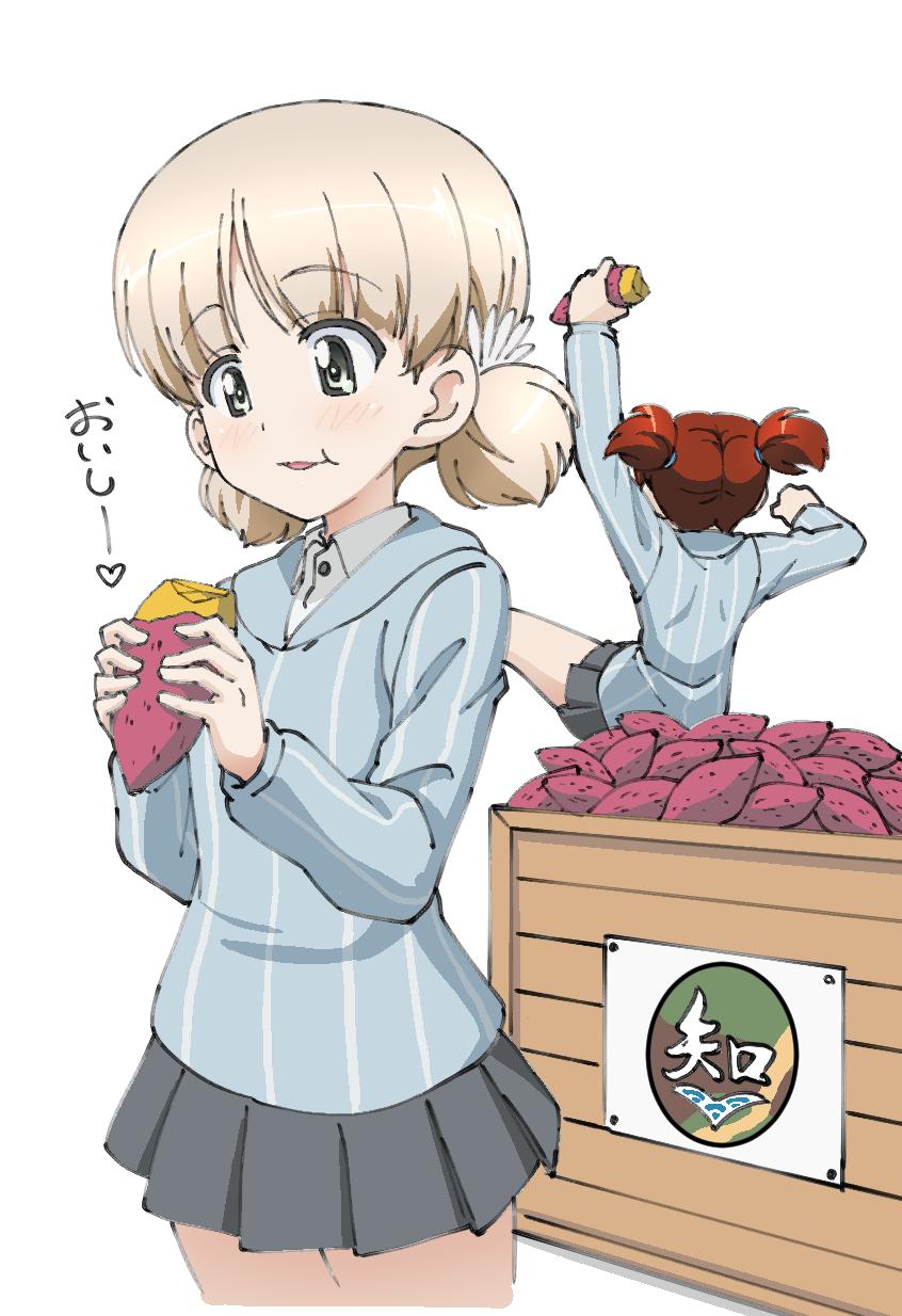 2girls :t aki_(girls_und_panzer) arm_up bangs blue_shirt blush chi-hatan_(emblem) commentary dress_shirt eating emblem eyebrows_visible_through_hair food girls_und_panzer green_eyes grey_skirt hair_tie highres keizoku_school_uniform leg_up light_blush light_brown_hair long_sleeves maita mikko_(girls_und_panzer) miniskirt multiple_girls open_mouth pleated_skirt redhead school_uniform shirt short_hair short_twintails simple_background skirt smile standing standing_on_one_leg striped striped_shirt sweet_potato translated twintails vertical-striped_shirt vertical_stripes white_background white_shirt