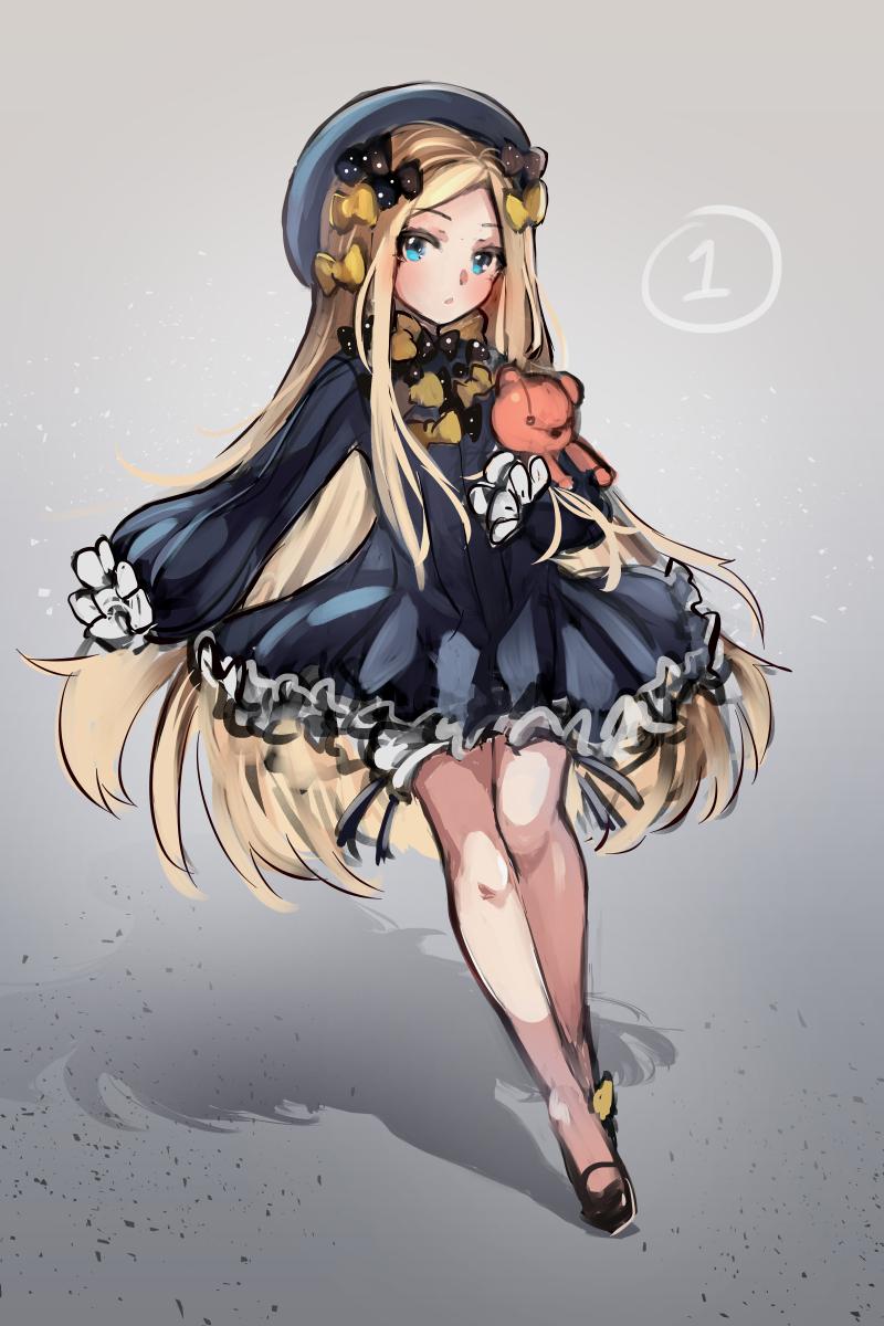 1girl abigail_williams_(fate/grand_order) bangs black_bow black_dress black_footwear black_headwear blonde_hair bloomers blue_eyes blush bow commentary dress english_commentary eyebrows_visible_through_hair fate/grand_order fate_(series) forehead full_body grey_background hair_bow hat highres long_hair long_sleeves looking_at_viewer miya_(pixiv15283026) object_hug orange_bow parted_bangs parted_lips polka_dot polka_dot_bow shadow shoes sleeves_past_fingers sleeves_past_wrists solo stuffed_animal stuffed_toy teddy_bear underwear very_long_hair white_bloomers