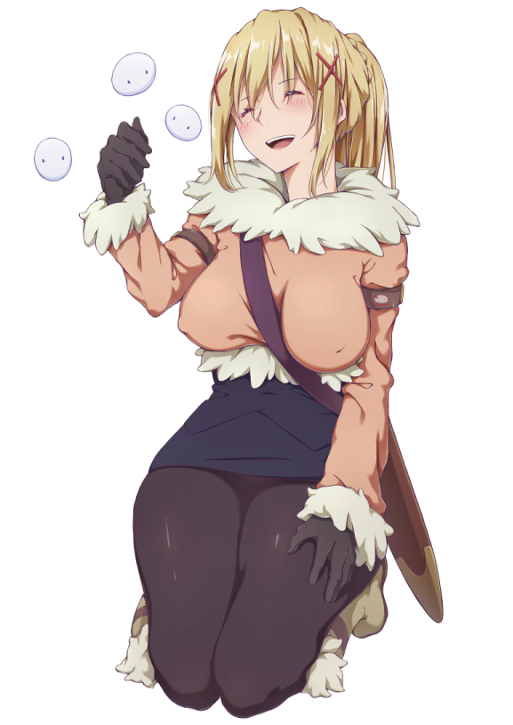 1girl artnetirs between_breasts black_gloves blonde_hair blush bodysuit_under_clothes boots breasts closed_eyes coat covered_nipples darkness_(konosuba) full_body fur_trim gloves hair_ornament kneeling kono_subarashii_sekai_ni_shukufuku_wo! large_breasts long_hair long_sleeves miniskirt open_mouth ponytail scabbard sheath sheathed shoulder_strap simple_background skirt smile solo strap_between_breasts sword weapon white_background