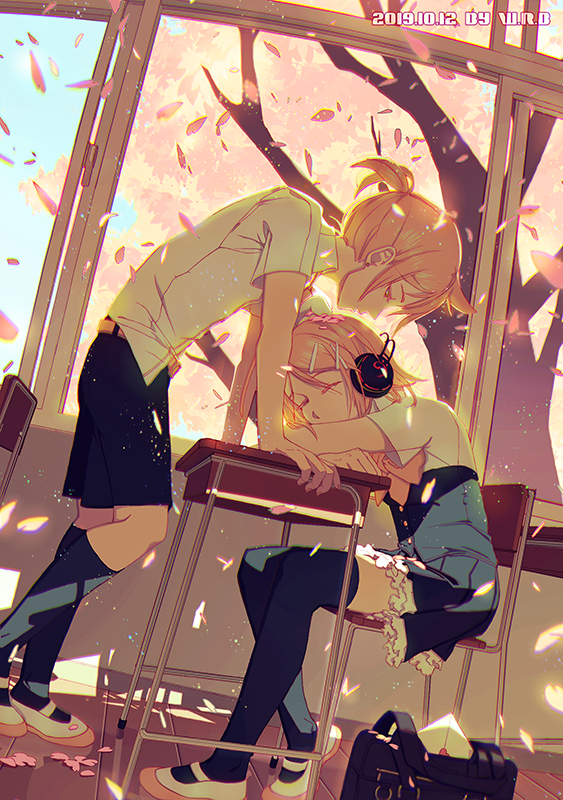 1boy 1girl arm_support artist_name bag bangs belt black_legwear black_shorts black_skirt blonde_hair bloom bow brother_and_sister chair classroom closed_eyes commentary dated desk frilled_skirt frills full_body hair_bow half-closed_eyes headphones indoors kagamine_len kagamine_rin kneehighs leaf leaning_forward leaning_over leaves_in_wind letter looking_at_another school school_uniform short_hair short_ponytail short_sleeves shorts siblings skirt sleeping spiky_hair swept_bangs tree twins vocaloid w.r.b white_bow white_shorts window