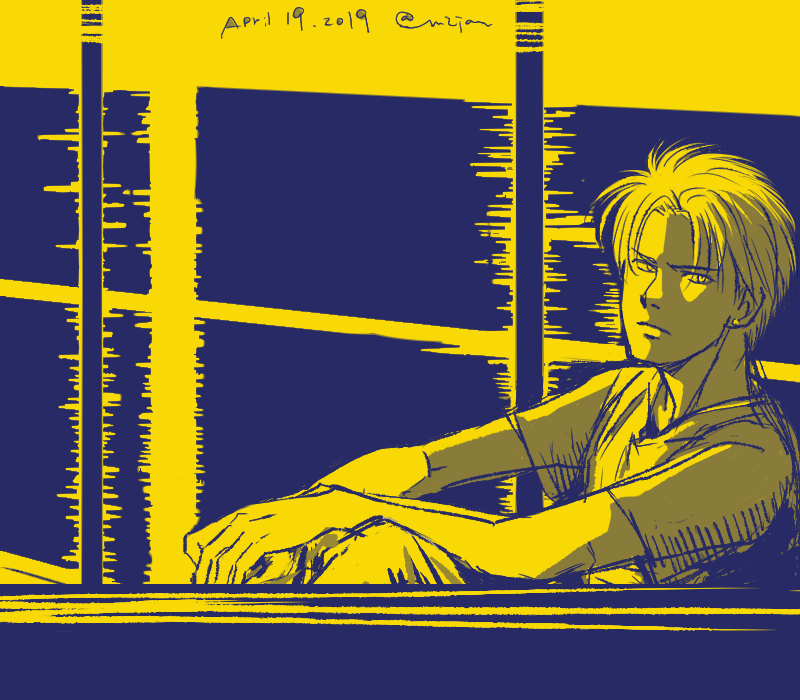 1boy ash_lynx banana_fish dated frown looking_at_viewer m2jam male_focus monochrome shirt sitting solo t-shirt window yellow_theme