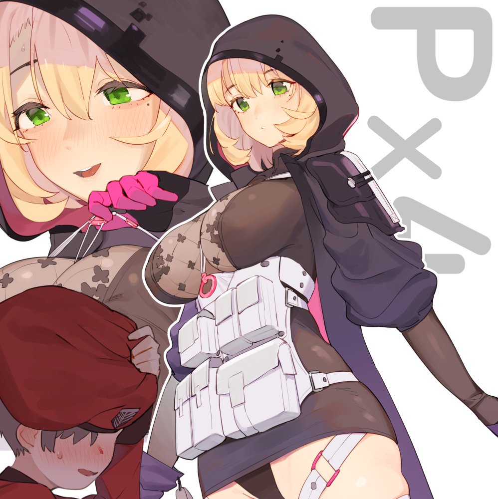 1boy 1girl beret black_dress blonde_hair breasts character_name commander_(girls_frontline) dress girls_frontline green_eyes hair_between_eyes hat hood hood_up hooded_coat juz large_breasts long_hair pouch px4_storm_(girls_frontline) short_hair skin_tight white_background