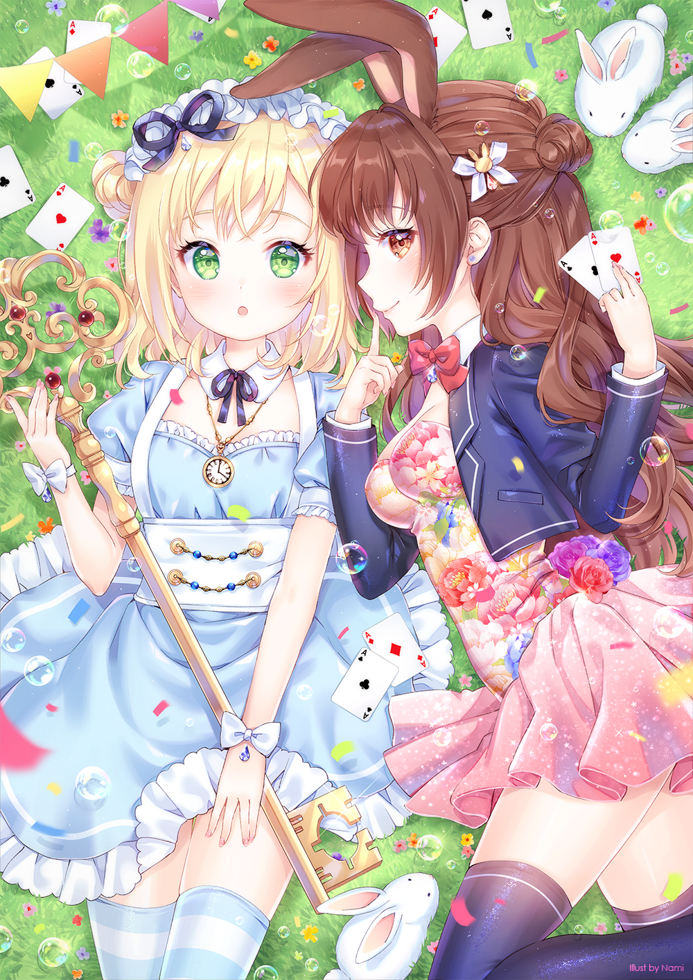 2girls :o alice_in_wonderland animal animal_ears artist_name black_legwear black_ribbon blonde_hair blue_dress blush bow breasts brown_eyes brown_hair closed_mouth club_(shape) collar commentary detached_collar diamond_(shape) dress english_commentary floral_print grass green_eyes hair_bun heart highres holding_playing_card key long_hair lying medium_breasts multiple_girls natsumii_chan neck_ribbon official_art on_back on_grass on_side original oversized_object parted_lips pennant pink_dress pocket_watch print_dress profile puffy_short_sleeves puffy_sleeves rabbit rabbit_ears red_bow ribbon short_sleeves side_bun signature small_breasts smile spade_(shape) string_of_flags striped striped_legwear thigh-highs very_long_hair watch white_bow white_collar wing_collar