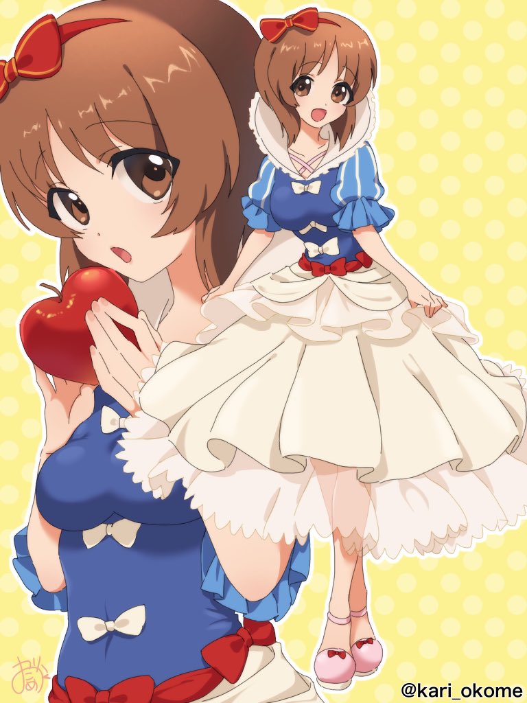 1girl apple artist_name bad_id bad_twitter_id bangs blue_shirt bow brown_eyes brown_hair commentary cosplay curtsey eyebrows_visible_through_hair food frilled_sleeves frills fruit girls_und_panzer hair_bow holding holding_food holding_fruit layered_skirt looking_at_viewer medium_skirt multiple_views nishizumi_miho open_mouth outline petticoat pink_footwear polka_dot polka_dot_background puffy_short_sleeves puffy_sleeves red_bow shirt shoes short_hair short_sleeves signature skirt smile snow_white_(disney) snow_white_(disney)_(cosplay) snow_white_and_the_seven_dwarfs standing twitter_username white_outline white_skirt yellow_background