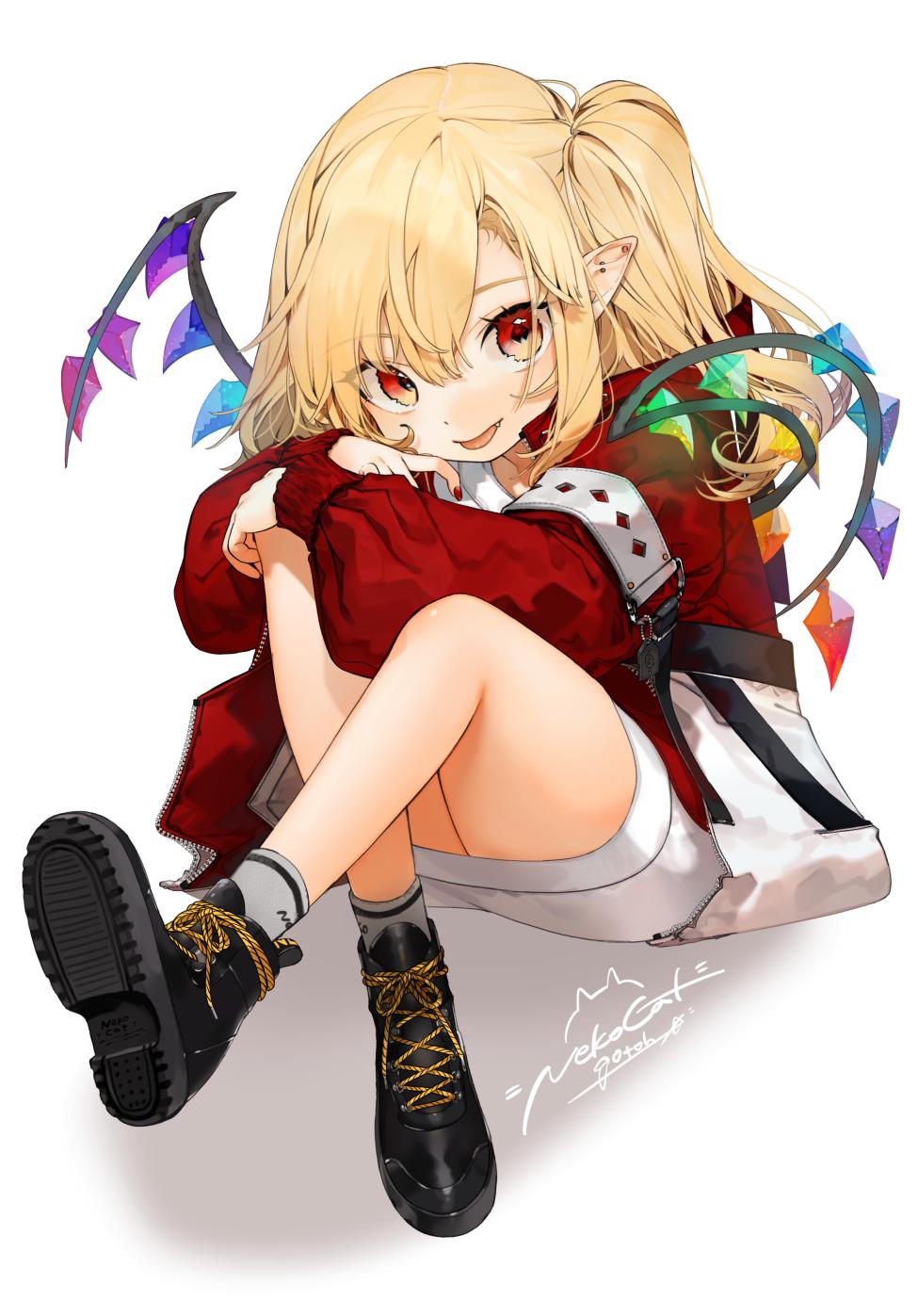 1girl :p alternate_costume artist_name bangs black_footwear blonde_hair casual commentary_request contemporary crystal eyebrows_visible_through_hair fang flandre_scarlet gotoh510 grey_legwear hair_between_eyes highres jacket knees_up long_hair long_sleeves looking_at_viewer miniskirt nail_polish no_hat no_headwear one_side_up pencil_skirt red_eyes red_jacket red_nails shadow shoes signature simple_background sitting skirt smile socks solo tongue tongue_out touhou white_background white_skirt wings