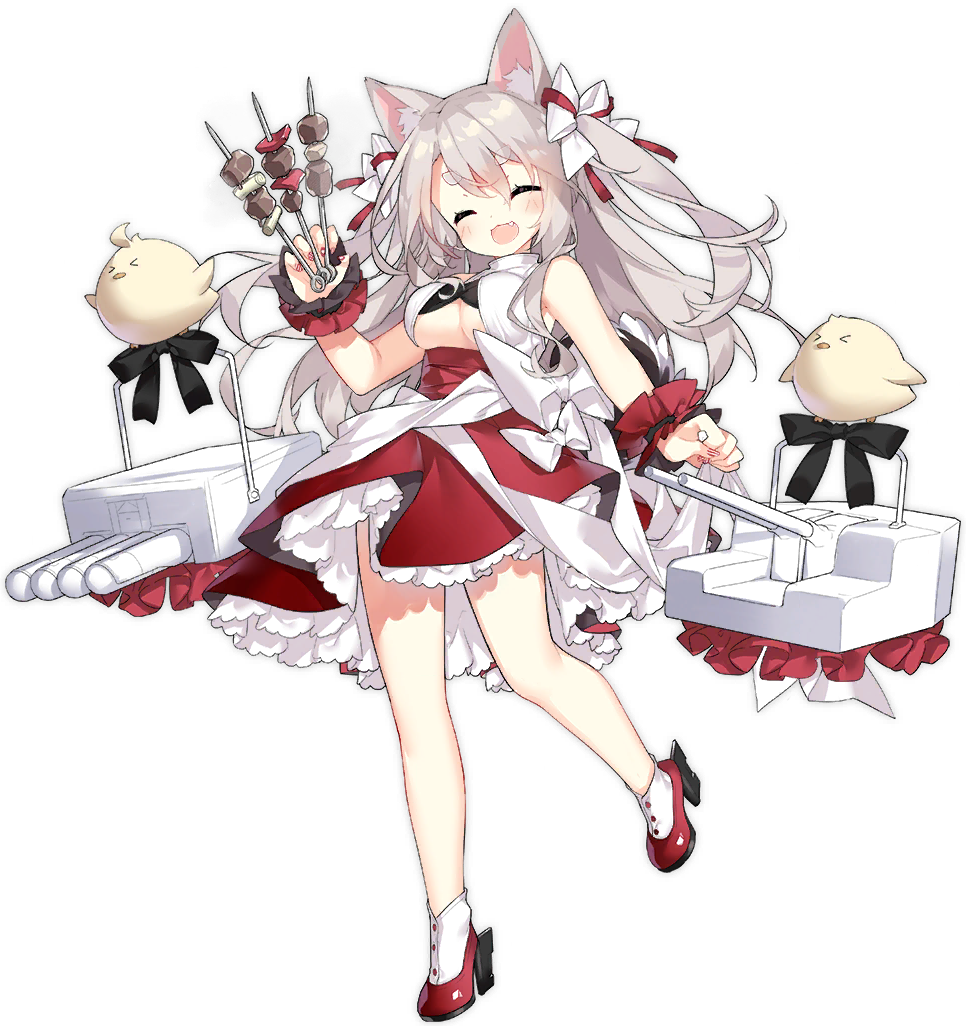 1girl :3 ^_^ ^o^ azur_lane bird blush breasts chick closed_eyes collar dress fang food frilled_dress frills grey_hair high_heels holding holding_food large_breasts long_hair looking_at_viewer manjuu_(azur_lane) multicolored multicolored_nails nail_polish official_art red_collar red_dress saru short_eyebrows skewer sleeveless sleeveless_dress slit_pupils solo tail thick_eyebrows torpedo_tubes transparent_background turret under_boob wolf_girl wolf_tail yuudachi_(azur_lane) yuudachi_(carnivore_carnival!)_(azur_lane)