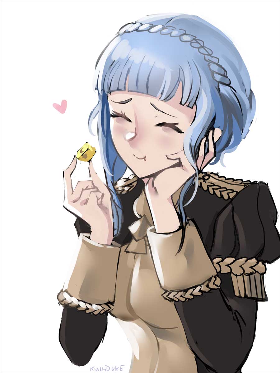 1girl artist_name blue_hair braid cheese closed_eyes crown_braid eating epaulettes fire_emblem fire_emblem:_three_houses food garreg_mach_monastery_uniform highres holding holding_food long_sleeves marianne_von_edmund simple_background solo the_kingduke uniform upper_body white_background