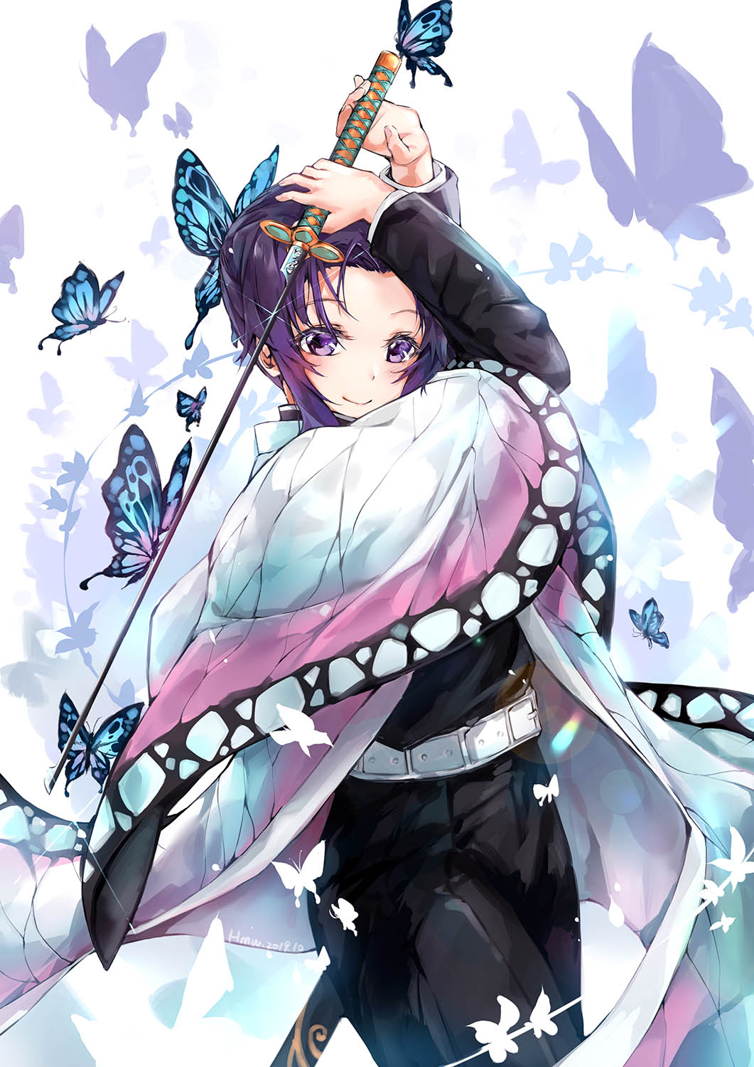 1girl belt belt_buckle black_jacket black_pants buckle bug butterfly butterfly_hair_ornament closed_mouth cowboy_shot hair_ornament haori highres hmw_(pixiv7054584) holding holding_sword holding_weapon insect jacket japanese_clothes katana kimetsu_no_yaiba kochou_shinobu long_sleeves looking_at_viewer pants purple_hair short_hair smile solo standing sword violet_eyes weapon white_background white_belt