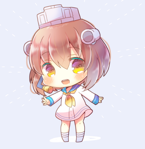 1girl :d bangs blue_background blue_sailor_collar blush brown_eyes brown_hair chibi dress eyebrows_visible_through_hair full_body hair_between_eyes headgear kantai_collection kouu_hiyoyo long_sleeves neckerchief open_mouth sailor_collar sailor_dress sleeves_past_wrists smile socks solo speaking_tube_headset standing upper_teeth white_dress white_legwear yellow_neckwear yukikaze_(kantai_collection)