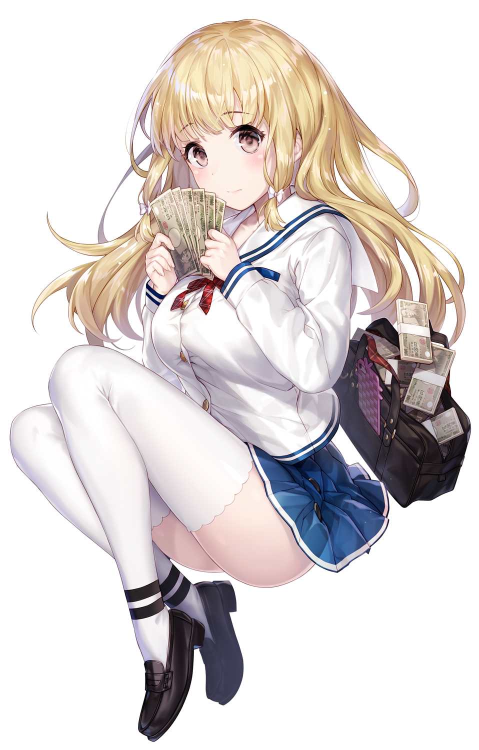 1girl bag bangs black_footwear blonde_hair blue_skirt bow breasts brown_eyes commentary_request copyright_request eyebrows_visible_through_hair hair_bow highres holding_money katoroku large_breasts long_hair long_sleeves looking_at_viewer miniskirt money school_uniform serafuku shirt shoes simple_background skirt solo thigh-highs white_background white_bow white_legwear white_shirt