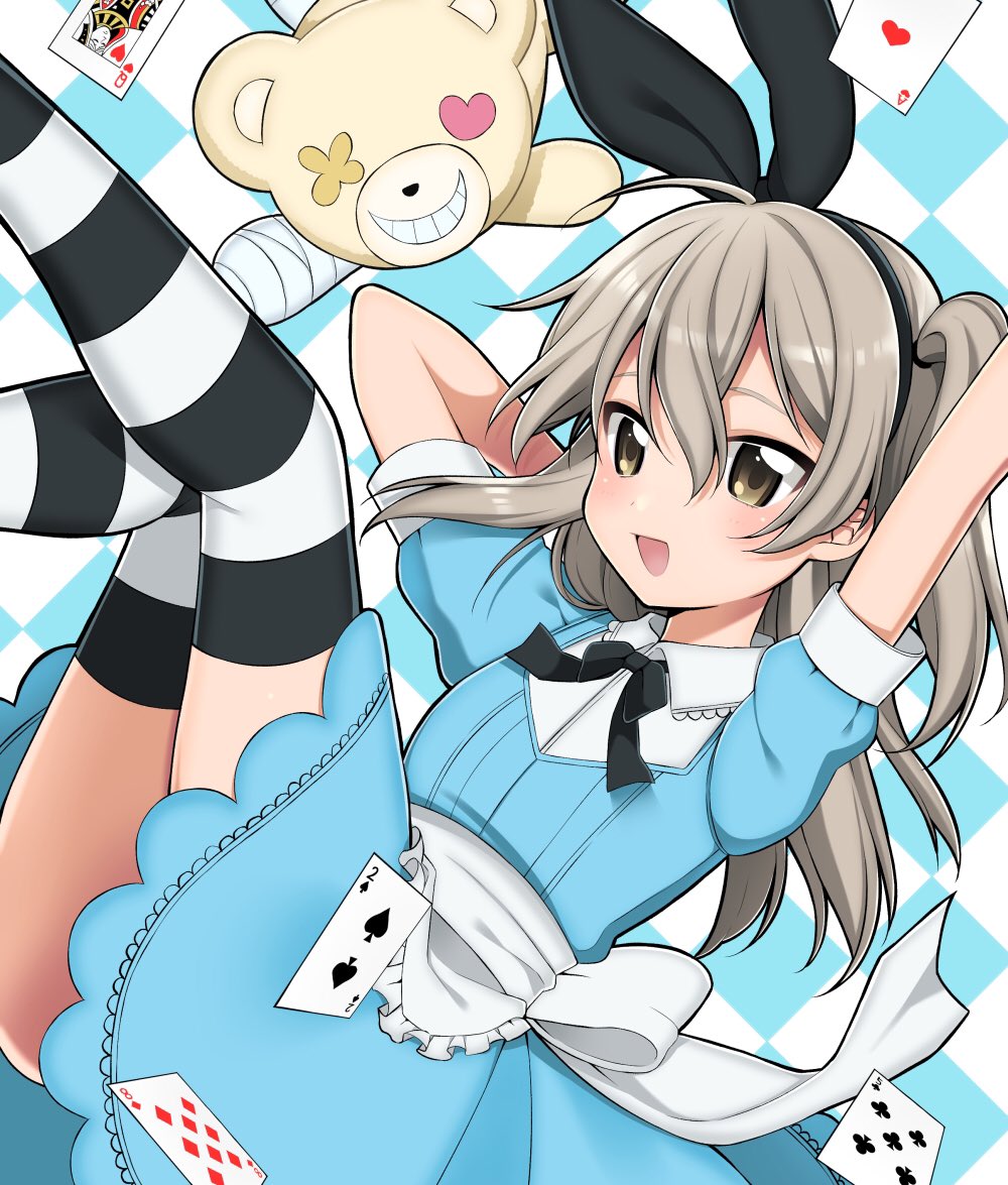 1girl alice_(wonderland) alice_(wonderland)_(cosplay) alice_in_wonderland apron arms_behind_head arms_up bandages bangs black_legwear black_neckwear black_ribbon blue_dress blush boko_(girls_und_panzer) bow bowtie brown_eyes card checkered checkered_background collared_dress commentary cosplay dress floating frilled_apron frills girls_und_panzer hair_ribbon legs_up light_brown_hair long_hair looking_at_viewer one_side_up open_mouth playing_card ribbon ruruepa shimada_arisu short_dress smile solo stuffed_animal stuffed_toy teddy_bear thigh-highs waist_apron white_apron