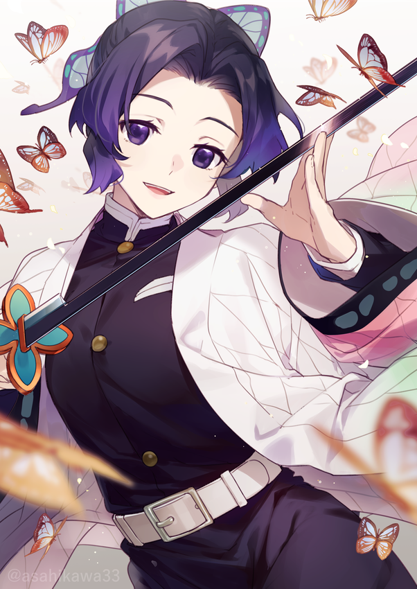 1girl :d animal asahikawa_hiyori bangs belt belt_buckle black_hair black_jacket black_pants breasts buckle bug butterfly butterfly_hair_ornament commentary_request forehead gradient_hair hair_ornament holding holding_sword holding_weapon insect jacket katana kimetsu_no_yaiba kochou_shinobu long_sleeves looking_at_viewer multicolored_hair open_clothes open_mouth pants parted_bangs purple_hair small_breasts smile solo sword violet_eyes weapon white_belt wide_sleeves