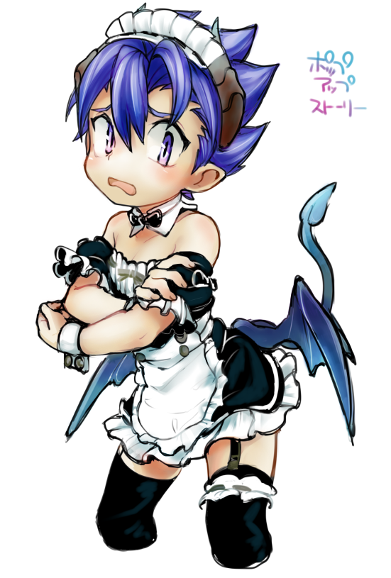 1boy alternate_costume black_legwear blue_hair blush crossdressinging demon_boy demon_horns demon_tail demon_wings detached_collar dress embarrassed enmaided garter_straps hair_between_eyes horns looking_at_viewer low_wings maid maid_headdress male_focus maruta_(ieiieiiei5316) open_mouth pointy_ears pop-up_story simple_background solo tail thigh-highs violet_eyes white_background wings wrist_cuffs ziz_glover