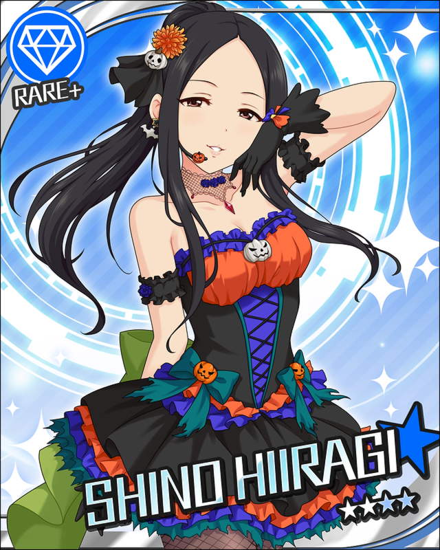 black_eyes black_hair blush character_name dress halloween hiiragi_shino idolmaster idolmaster_cinderella_girls long_hair off_shoulder ponytail smile stars