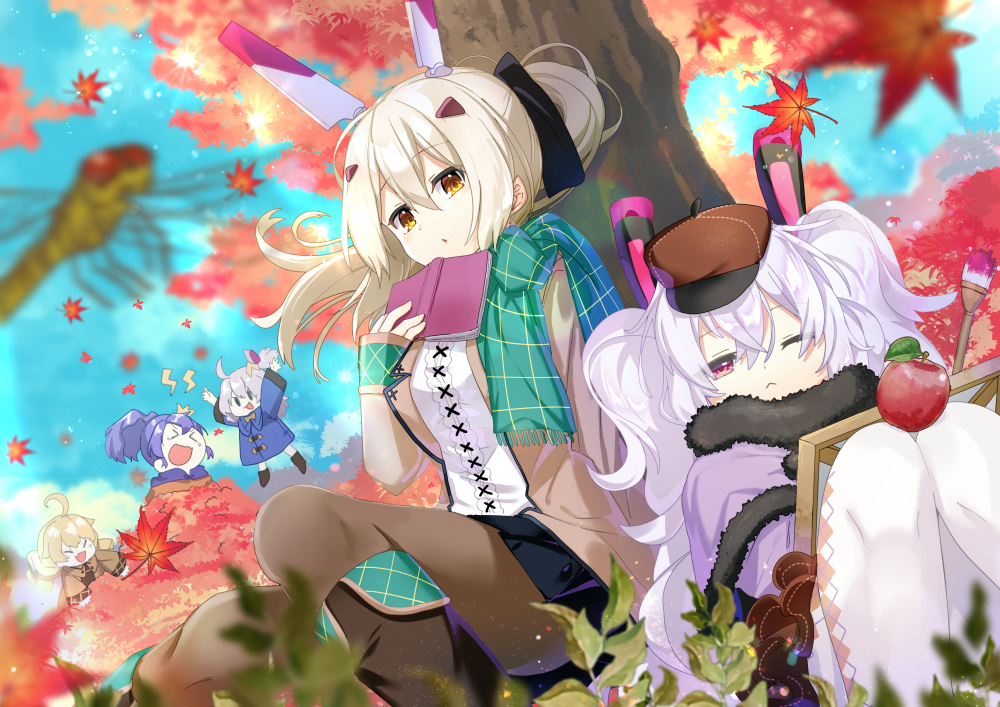 &gt;_&lt; 5girls :d ;&lt; ahoge animal animal_ears apple arms_up autumn_leaves ayanami_(azur_lane) azur_lane bangs black_footwear black_skirt blonde_hair blue_coat blue_sky blurry blurry_foreground book boots brown_coat brown_eyes brown_headwear brown_jacket brown_legwear brown_skirt bug capelet casual closed_eyes closed_mouth coat commentary_request crown day depth_of_field dragonfly eyebrows_visible_through_hair flat_cap floating_hair food fringe_trim fruit fur-trimmed_capelet fur_trim green_scarf hair_between_eyes hair_ornament hairclip hat headgear holding holding_book insect jacket javelin_(azur_lane) knee_boots knees_together_feet_apart knees_up laffey_(azur_lane) layered_skirt leaf light_brown_hair lightning_bolt long_hair long_sleeves maple_leaf mini_crown multiple_girls nyori one_eye_closed open_book open_clothes open_jacket open_mouth outdoors paintbrush pantyhose parted_lips pleated_skirt ponytail purple_capelet purple_hair purple_jacket rabbit_ears red_apple scarf shirt silver_hair skirt sky sleeves_past_wrists smile tree trial_bullin_mkii_(azur_lane) twintails universal_bullin_(azur_lane) very_long_hair white_legwear white_shirt xd