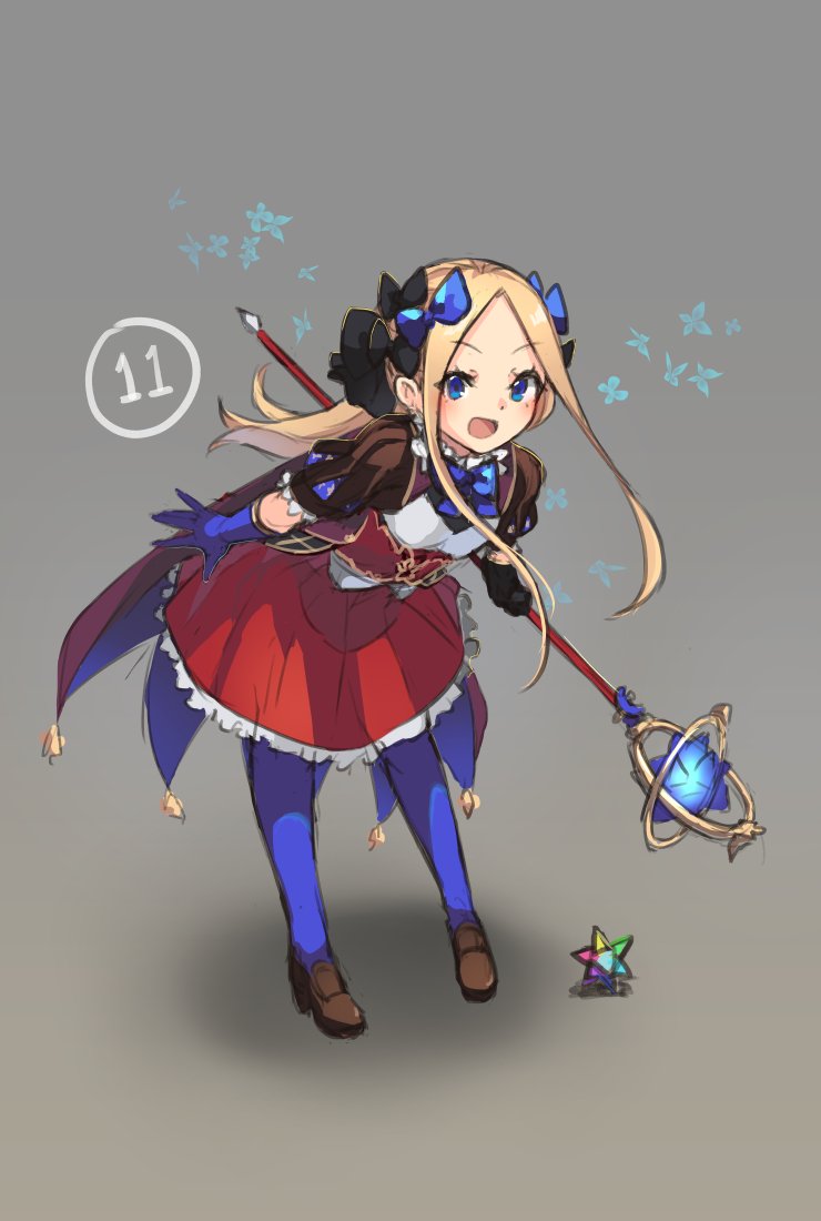 1girl :d abigail_williams_(fate/grand_order) animal bangs black_bow black_gloves blonde_hair blue_bow blue_eyes blue_gloves blue_legwear blush bow brown_footwear bug butterfly commentary cosplay english_commentary eyebrows_visible_through_hair fate/grand_order fate_(series) forehead frilled_skirt frills full_body gloves grey_background hair_bow holding holding_staff insect leaning_forward leonardo_da_vinci_(fate/grand_order) leonardo_da_vinci_(rider)_(fate) leonardo_da_vinci_(rider)_(fate)_(cosplay) loafers long_hair looking_at_viewer mismatched_gloves miya_(pixiv15283026) open_mouth pantyhose parted_bangs puff_and_slash_sleeves puffy_short_sleeves puffy_sleeves red_skirt saint_quartz shadow shoes short_sleeves sketch skirt smile solo staff standing v-shaped_eyebrows very_long_hair