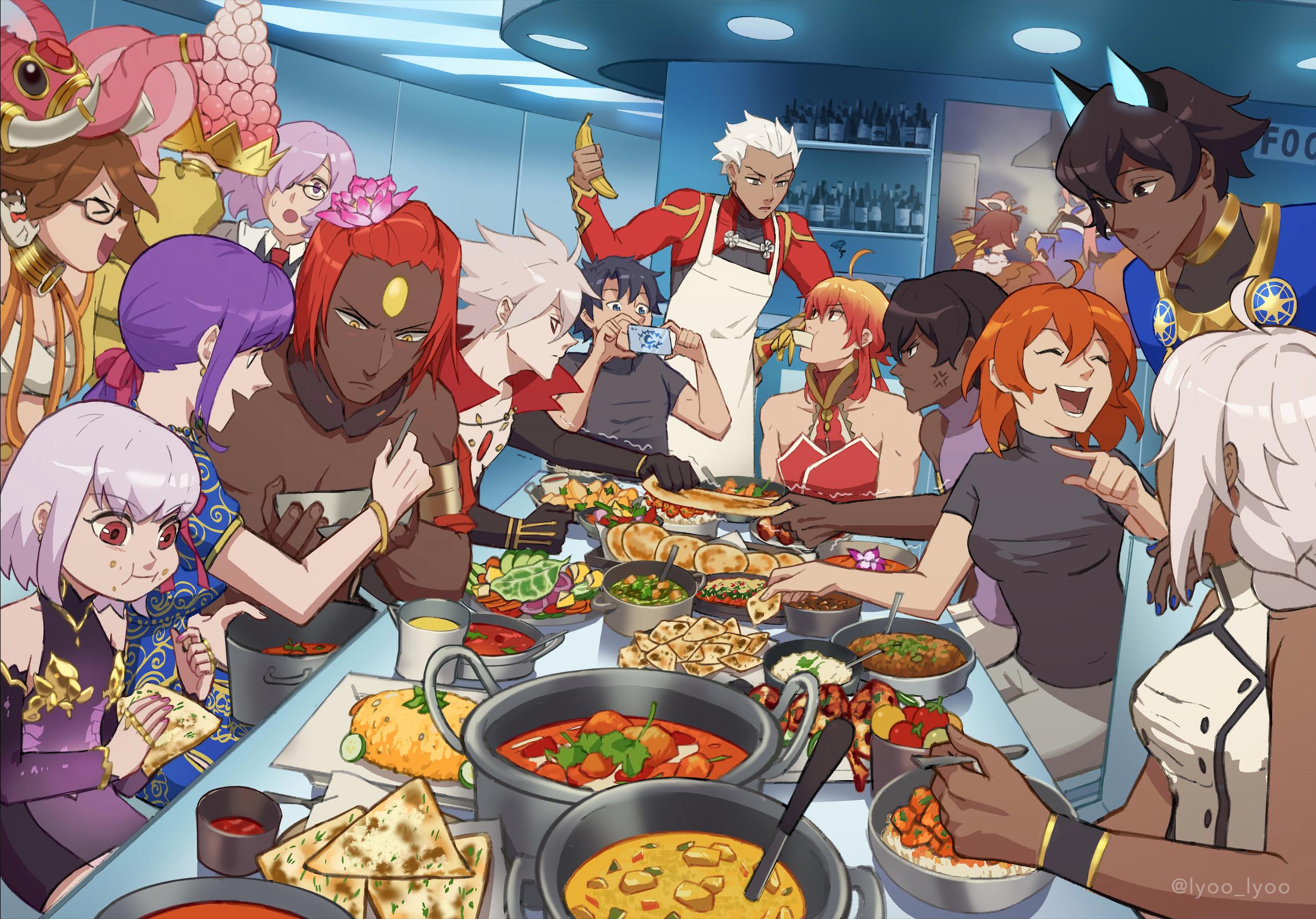 Safebooru 6 Boys 6 Girls Animal Ears Archer Arjuna Fate Grand Order Arjuna Alter Ashwatthama Fate Grand Order Banana Benienma Fate Grand Order Blue Horns Bread Cellphone Chest Jewel Closed Eyes Curry Dark Skin