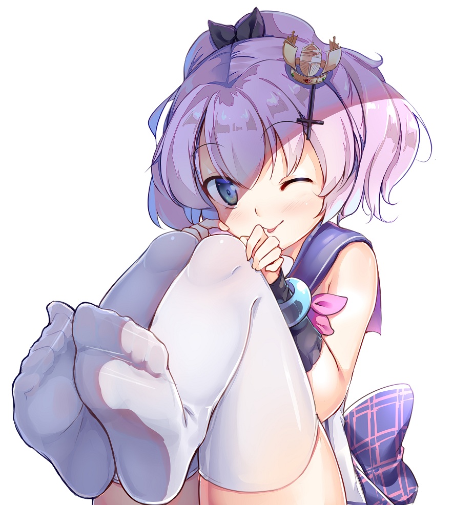 1girl azur_lane blue_eyes cross_hair_ornament crown feet hair_ornament hair_ribbon hairpin jacknavy javelin_(azur_lane) long_hair looking_at_viewer mini_crown no_shoes one_eye_closed ponytail purple_hair ribbon simple_background smile soles solo thigh-highs thighs toes tongue tongue_out white_background white_legwear