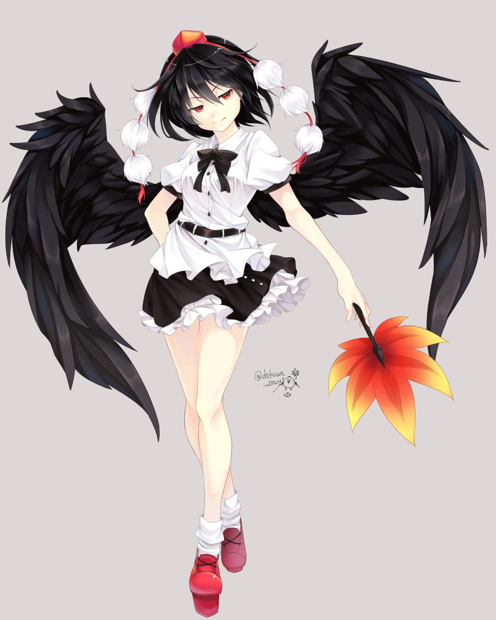 1girl artist_name bangs bare_legs belt black_belt black_bow black_hair black_neckwear black_skirt black_wings bow bowtie breasts chikuwa_savi commentary crossed_legs fan feathered_wings full_body geta grey_background hair_between_eyes half-closed_eyes hat head_tilt highres holding holding_fan leaf_fan looking_at_viewer medium_breasts miniskirt petticoat pom_pom_(clothes) puffy_short_sleeves puffy_sleeves red_eyes red_footwear shameimaru_aya shirt short_hair short_sleeves simple_background skirt smile socks solo standing tassel tengu-geta thighs tokin_hat touhou twitter_username white_legwear white_shirt wings