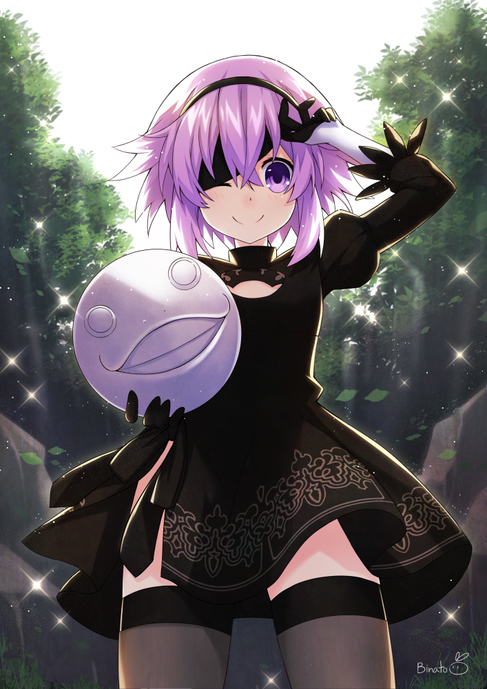 1girl artist_name binato_lulu black_legwear blindfold blush cleavage_cutout cosplay crossover dress emiil forest gloves hairband holding looking_at_viewer nature neptune_(neptune_series) neptune_(series) nier_(series) nier_automata one_eye_closed puffy_sleeves purple_hair signature smile solo thigh-highs violet_eyes yorha_no._2_type_b