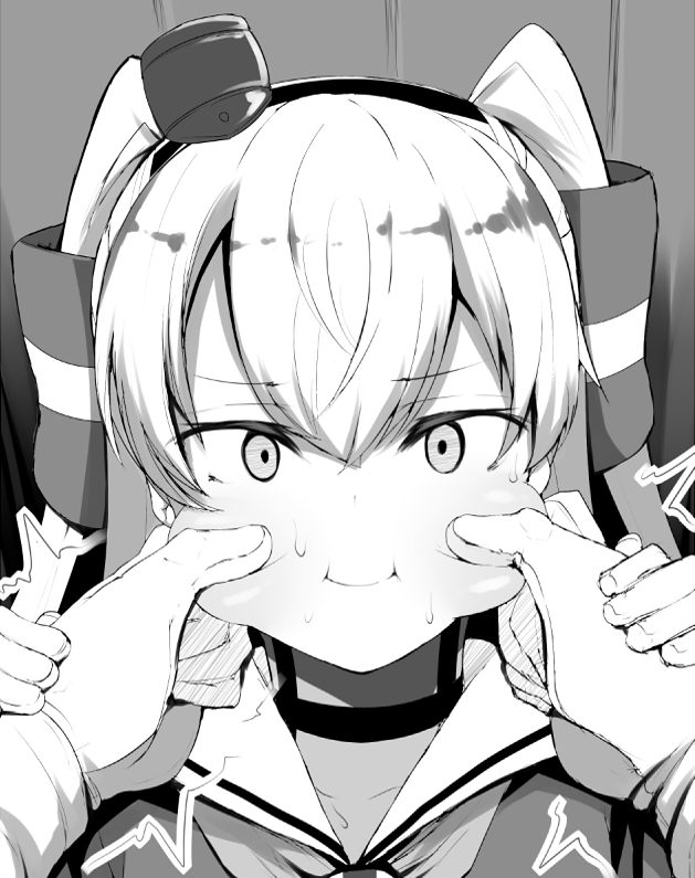 1girl amatsukaze_(kantai_collection) atsutoku cheek_pinching choker closed_mouth greyscale hair_tubes hat kantai_collection long_hair looking_at_viewer mini_hat monochrome pinching pov pov_hands smile smokestack_hair_ornament solo_focus two_side_up windsock