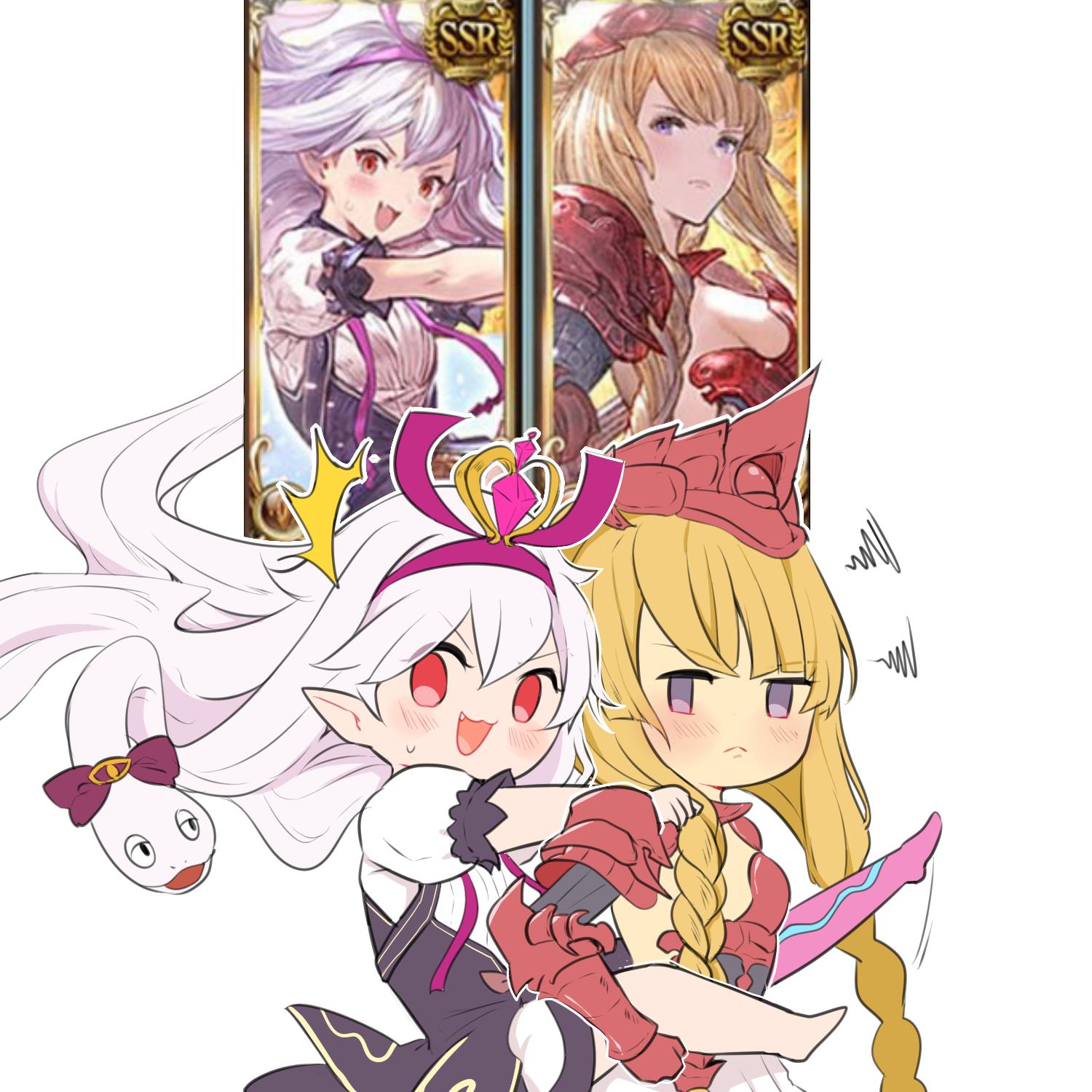 2girls armor athena_(granblue_fantasy) blonde_hair blush carrying closed_mouth gauntlets granblue_fantasy hairband headpiece highres long_hair looking_at_viewer medusa_(shingeki_no_bahamut) multiple_girls open_mouth pauldrons piggyback pointy_ears red_eyes sashacall short_sleeves silver_hair violet_eyes white_background