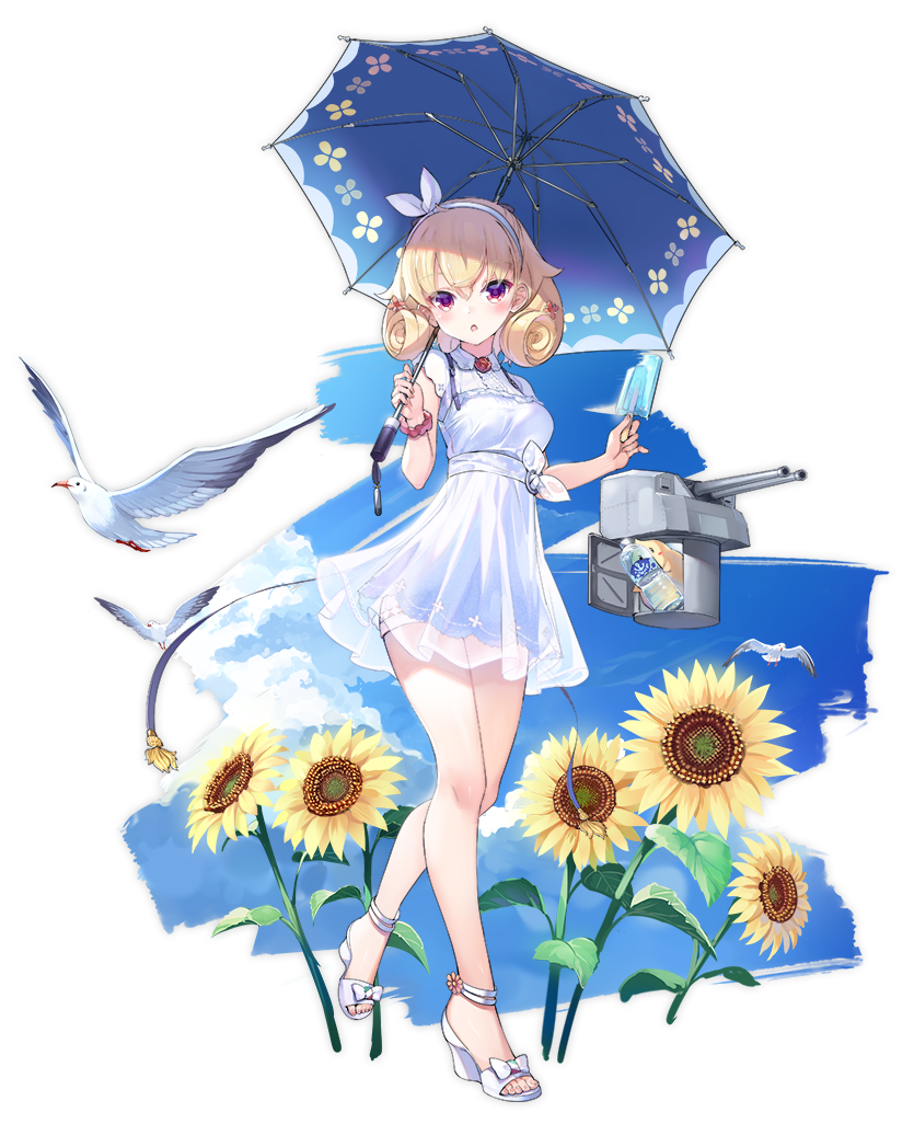 1girl = alternate_costume azur_lane beach bird blonde_hair blurry blurry_background breasts cannon carabiniere_(azur_lane) curly_hair flower full_body headband kaede_(003591163) manjuu_(azur_lane) official_art open_mouth seagull short_hair standing sunflower transparent_background turret umbrella violet_eyes