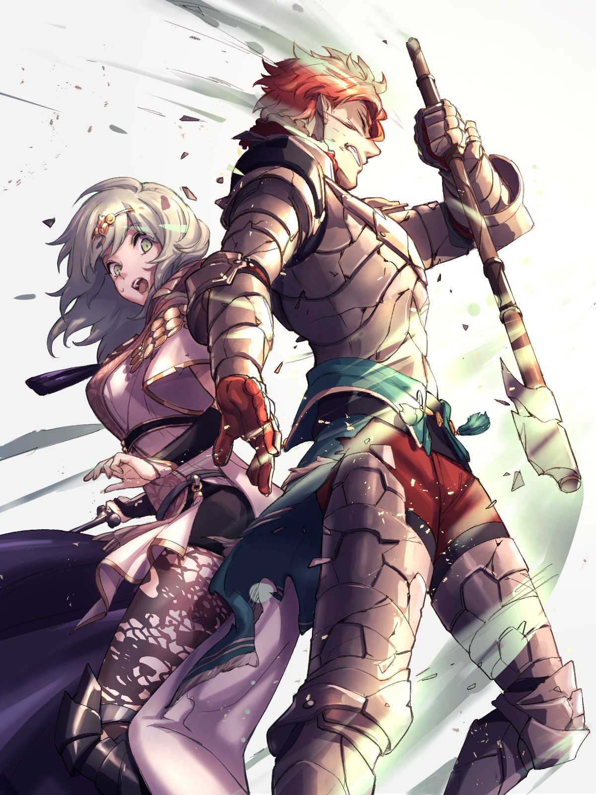 1boy 1girl armor axe byleth_(fire_emblem) byleth_eisner_(female) clenched_teeth closed_eyes damaged fire_emblem fire_emblem:_three_houses green_eyes green_hair highres holding holding_axe medium_hair moyashi_mou2 open_mouth pantyhose redhead short_hair simple_background sylvain_jose_gautier teeth white_background