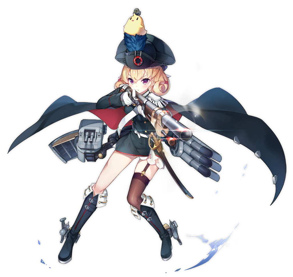 &gt;:( 1girl aiming animal animal_on_head azur_lane bangs belt belt_buckle bicorne bird bird_on_head black_cape black_footwear black_headwear black_jacket blonde_hair blush boots breasts brown_legwear buckle cannon cape carabiniere_(azur_lane) chick closed_eyes closed_mouth copyright_name epaulettes eyebrows_visible_through_hair full_body garter_straps glint gloves gun hair_between_eyes hair_ornament hat holding holding_gun holding_weapon jacket kaede_(003591163) knee_boots lifebuoy light_frown long_sleeves looking_at_viewer manjuu_(azur_lane) medium_breasts multicolored multicolored_cape multicolored_clothes musket official_art on_head open_mouth parted_lips red_cape saber_(weapon) sheath sheathed single_thighhigh standing sword thigh-highs torpedo transparent_background turret v-shaped_eyebrows violet_eyes weapon weapon_request white_belt white_gloves