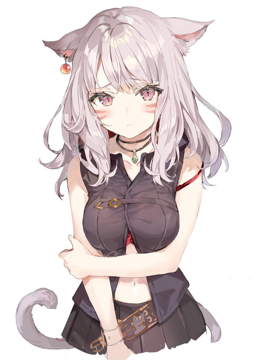 1girl animal_ears bare_arms bare_shoulders black_skirt black_vest bra breasts cat_ears cat_girl cat_tail closed_mouth collarbone ear_piercing facial_mark final_fantasy final_fantasy_xiv frown highres jewelry long_hair looking_at_viewer medium_breasts miniskirt miqo'te momoko_(momopoco) navel necklace piercing pink_eyes pleated_skirt red_bra silver_hair simple_background skirt slit_pupils solo stomach strap_slip tail underwear vest white_background