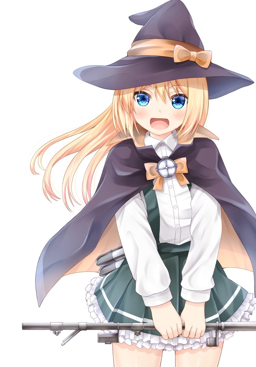 1girl arm_warmers asashio_(kantai_collection) asashio_(kantai_collection)_(cosplay) black_cape black_headwear blonde_hair blue_eyes cape comiching cosplay cowboy_shot dress_shirt frilled_skirt frills grey_skirt hat highres jervis_(kantai_collection) kantai_collection long_hair long_sleeves looking_at_viewer orange_neckwear pleated_skirt searchlight shirt simple_background skirt smile solo standing suspender_skirt suspenders white_background white_shirt witch_hat