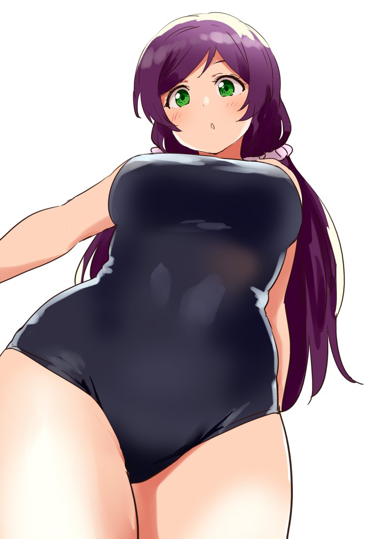 1girl black_swimsuit breasts from_below green_eyes kurokawa_makoto large_breasts long_hair looking_at_viewer love_live! love_live!_school_idol_project low_twintails parted_lips purple_hair school_swimsuit simple_background solo swimsuit toujou_nozomi twintails white_background