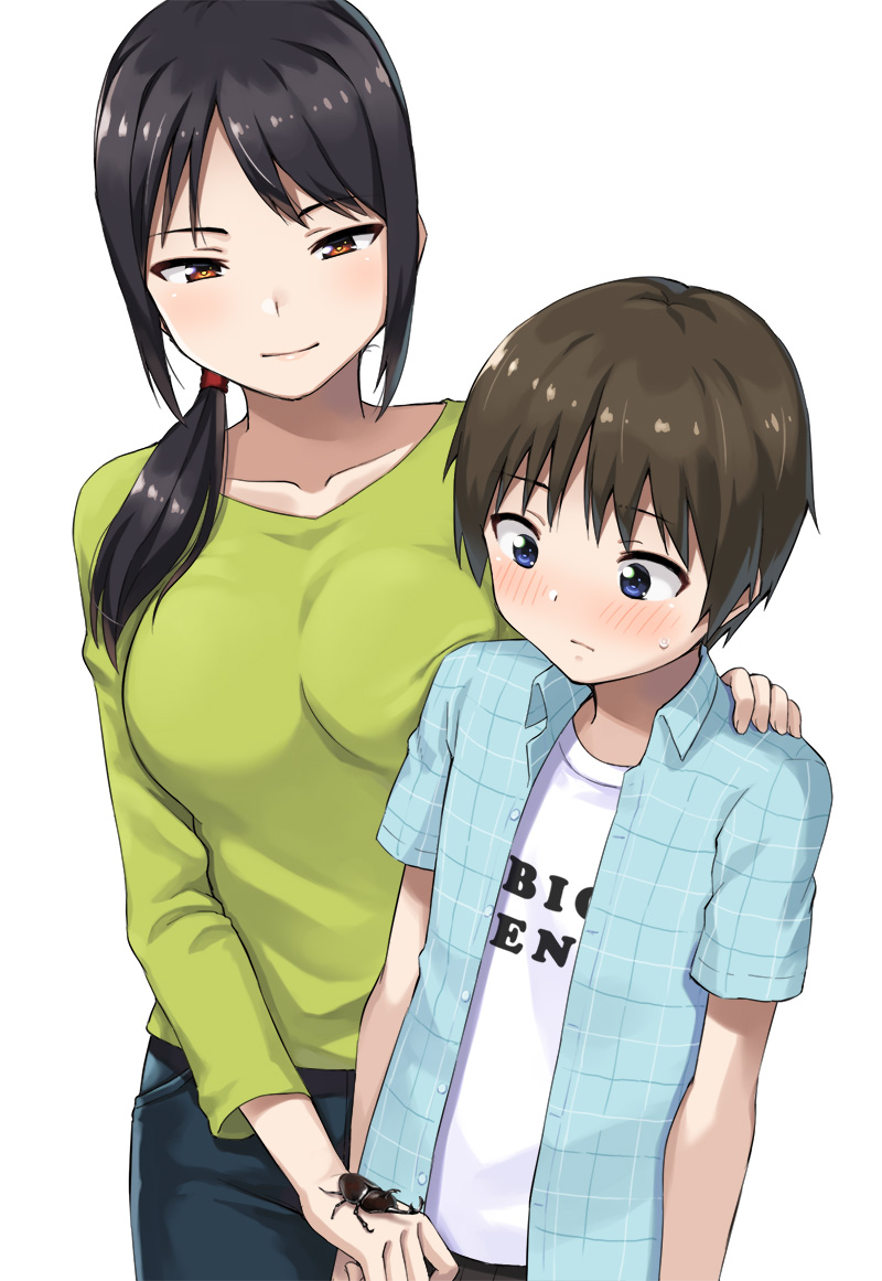 1boy 1girl age_difference black_hair blue_eyes blush brown_hair commentary hand_on_another's_shoulder hashi long_hair orange_eyes original ponytail short_hair stag_beetle white_background