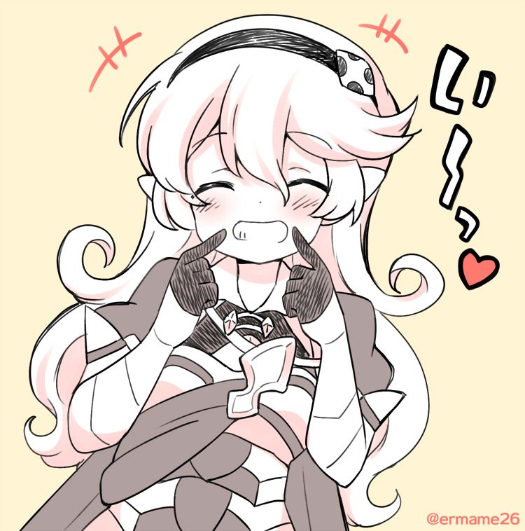 1girl armor closed_eyes corrin_(fire_emblem) corrin_(fire_emblem)_(female) cute dragon_girl elf eromame fire_emblem fire_emblem_fates fire_emblem_if grin hairband intelligent_systems kamui_(fire_emblem) long_hair manakete monochrome nintendo pointy_ears simple_background smile solo twitter_username upper_body