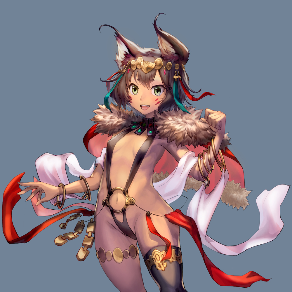 1girl :d animal_ears blue_background bracelet breasts brown_hair cape cat_ears commentary_request facial_mark fur_trim green_eyes hair_ornament jewelry ken-fukuda navel open_mouth original revealing_clothes short_hair single_thighhigh small_breasts smile solo thigh-highs upper_teeth