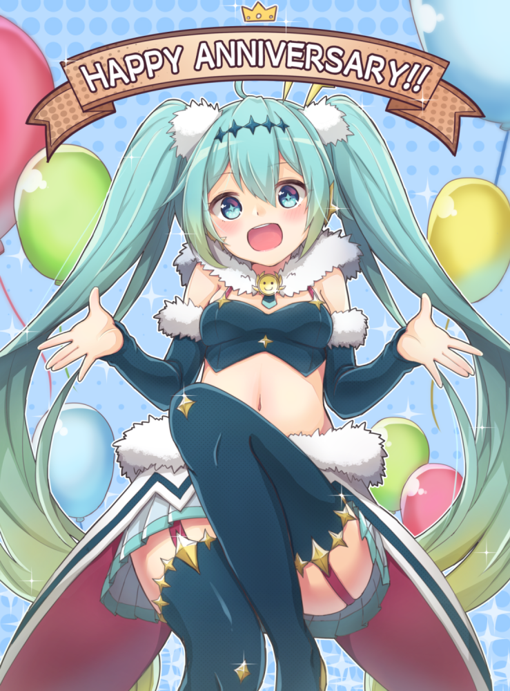 1girl amulet anniversary aqua_eyes aqua_hair b.c balloon cape commentary cowboy_shot crown detached_sleeves dotted_background earrings fur-trimmed_cape fur-trimmed_sleeves fur_trim garter_straps hair_ornament hair_pom_pom hatsune_miku jewelry long_hair looking_at_viewer midriff navel open_mouth outstretched_hand racequeen racing_miku racing_miku_(2018) skirt smile solo sparkle sparkling_eyes star star_earrings star_hair_ornament thigh-highs twintails very_long_hair vocaloid