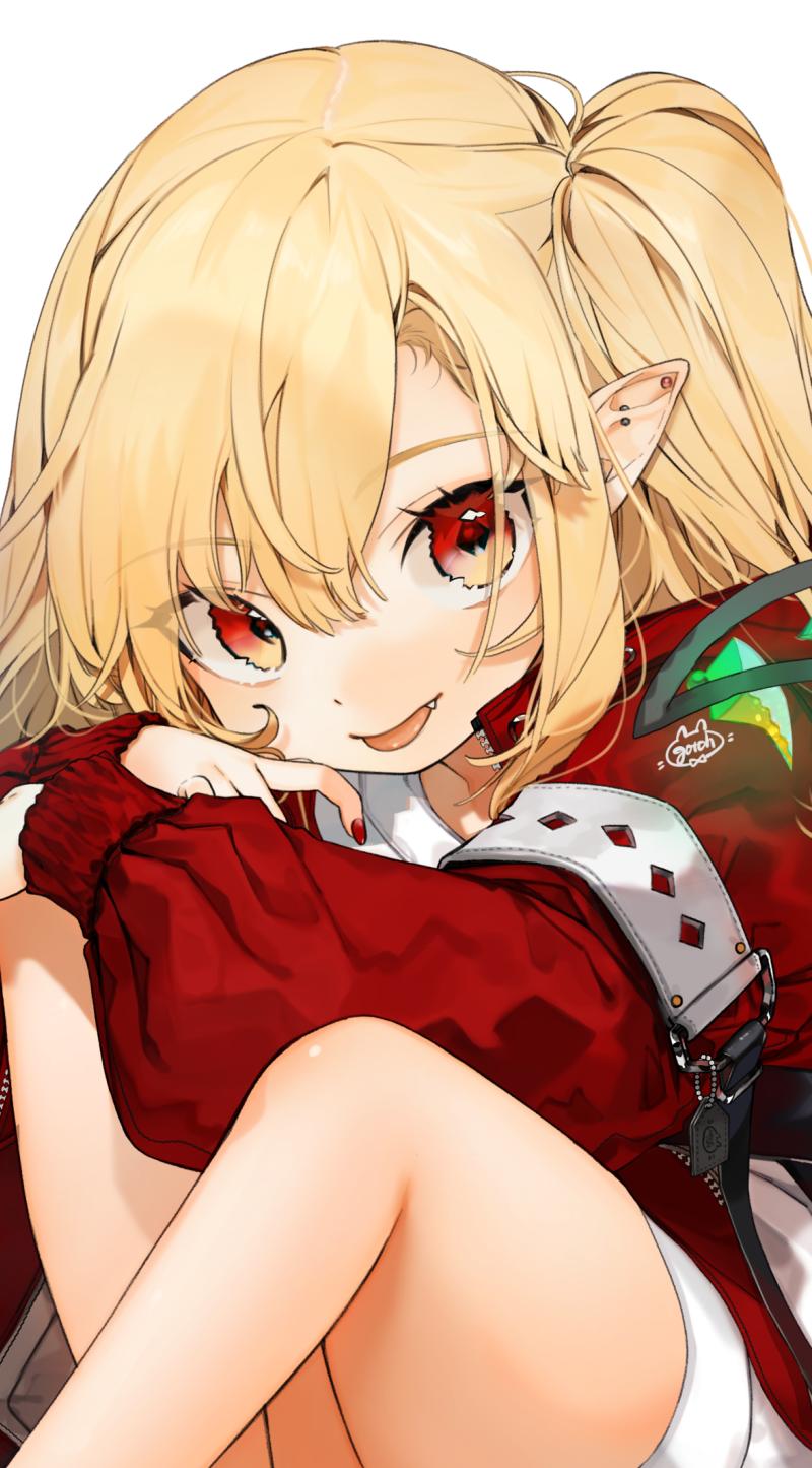 1girl :p alternate_costume artist_name bangs blonde_hair casual commentary_request contemporary crystal eyebrows_visible_through_hair fang feet_out_of_frame flandre_scarlet gotoh510 hair_between_eyes highres jacket knees_up long_hair long_sleeves looking_at_viewer miniskirt nail_polish no_hat no_headwear one_side_up pencil_skirt red_eyes red_jacket red_nails simple_background sitting skirt smile solo tongue tongue_out touhou white_background white_skirt wings