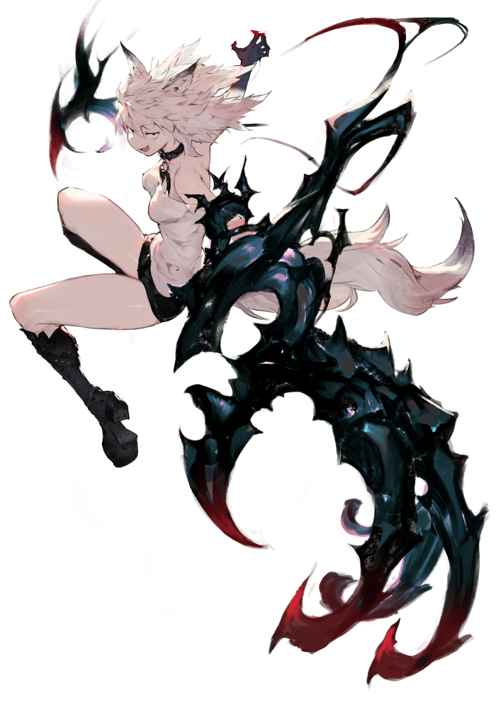 1girl :d animal_ears bare_shoulders black_eyes boots breasts claws collar high_heels kureta_(nikogori) long_hair looking_at_viewer open_mouth original shorts simple_background smile solo tail white_background white_hair