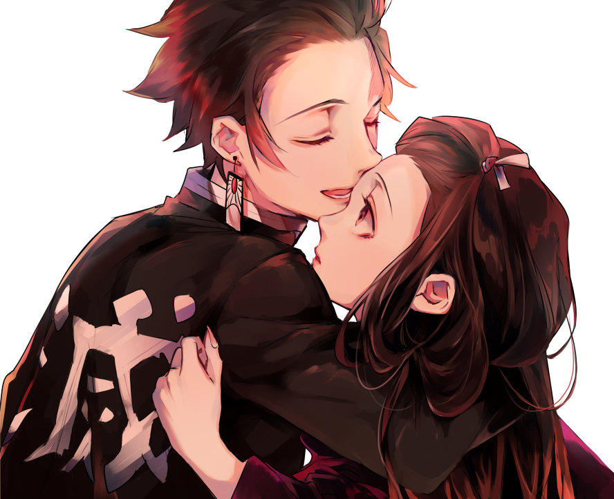 1boy 1girl arm_around_neck brother_and_sister brown_hair closed_mouth clothes_writing earrings eyelashes fingernails haru_mm2 hug jewelry kamado_nezuko kamado_tanjirou kimetsu_no_yaiba looking_at_another parted_lips pink_eyes profile sharp_fingernails siblings simple_background smile upper_body white_background